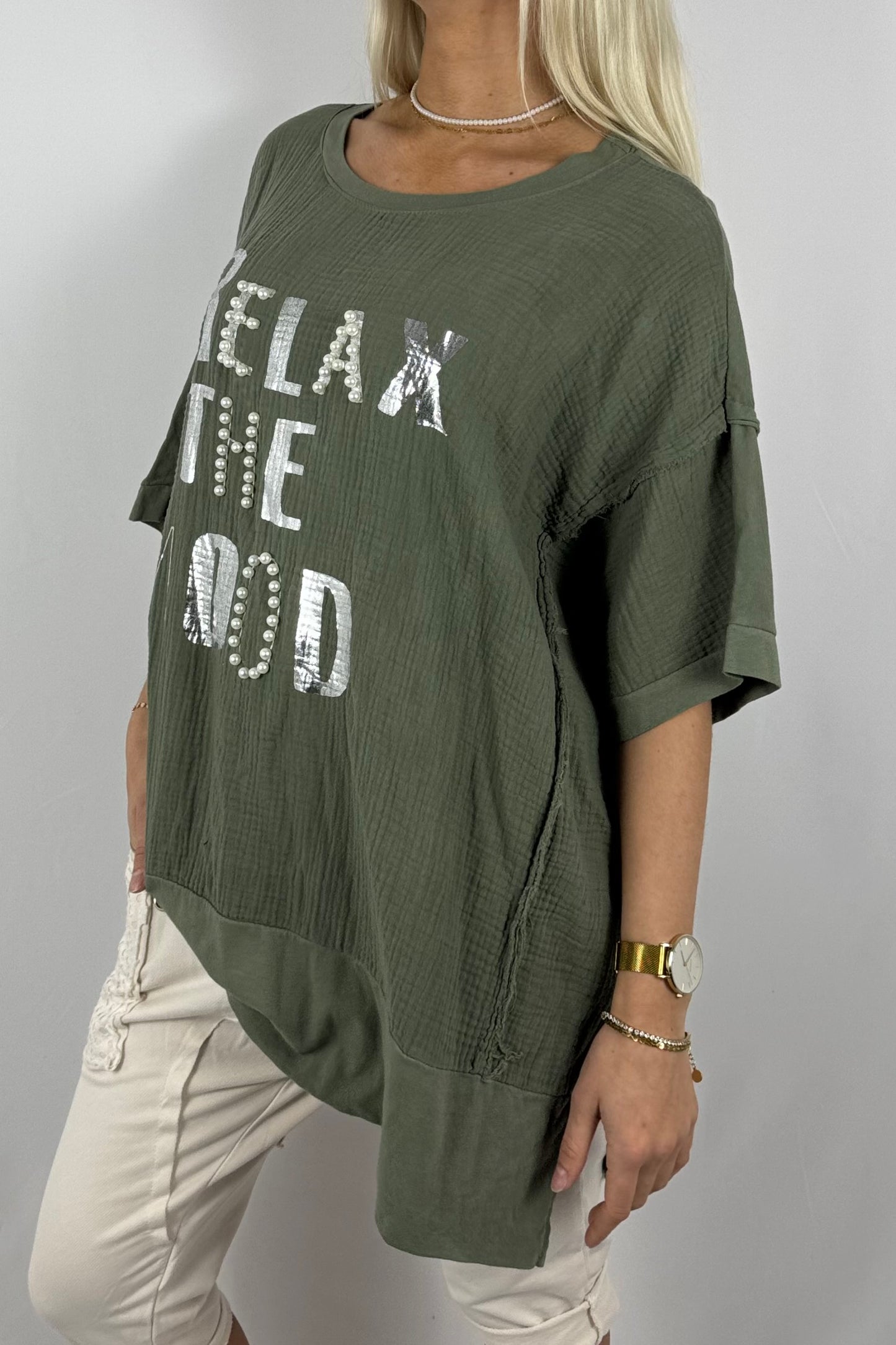 Oversize-Shirt „Relax The Mood“ aus Musselin-Khaki