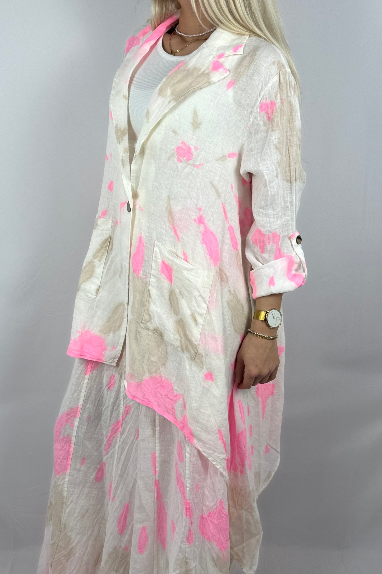 Leinen Bluse mit Batik Muster – Lockerer Oversize Style-Neon Pink