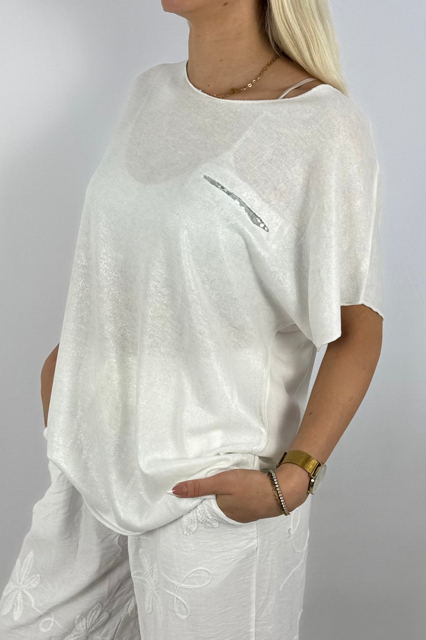 Glitzer-Shirt mit Pailletten-Detail – elegant & bequem-Weiß