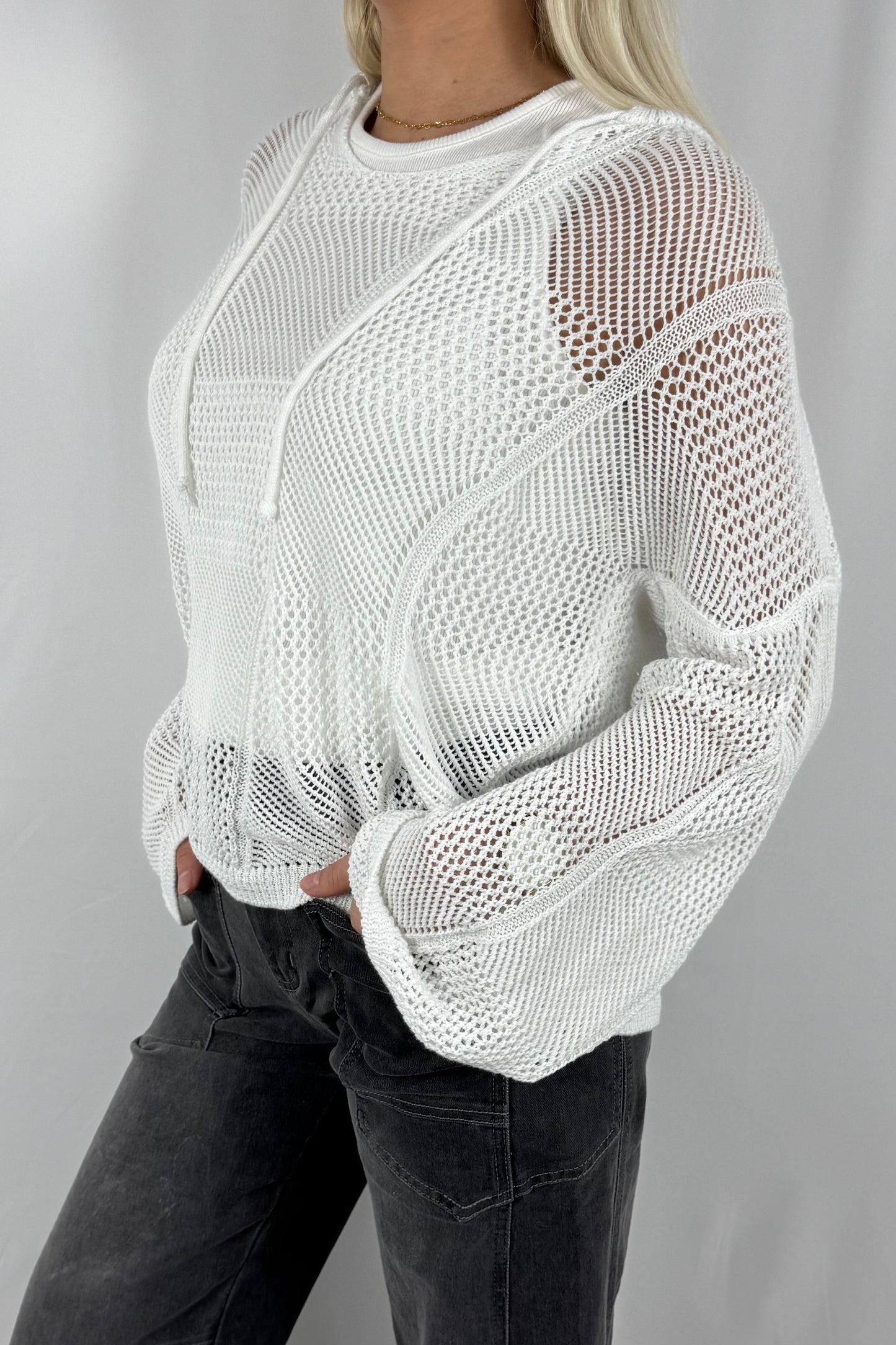 Damen Strick Sweatshirt mit Netzstruktur-Weiß