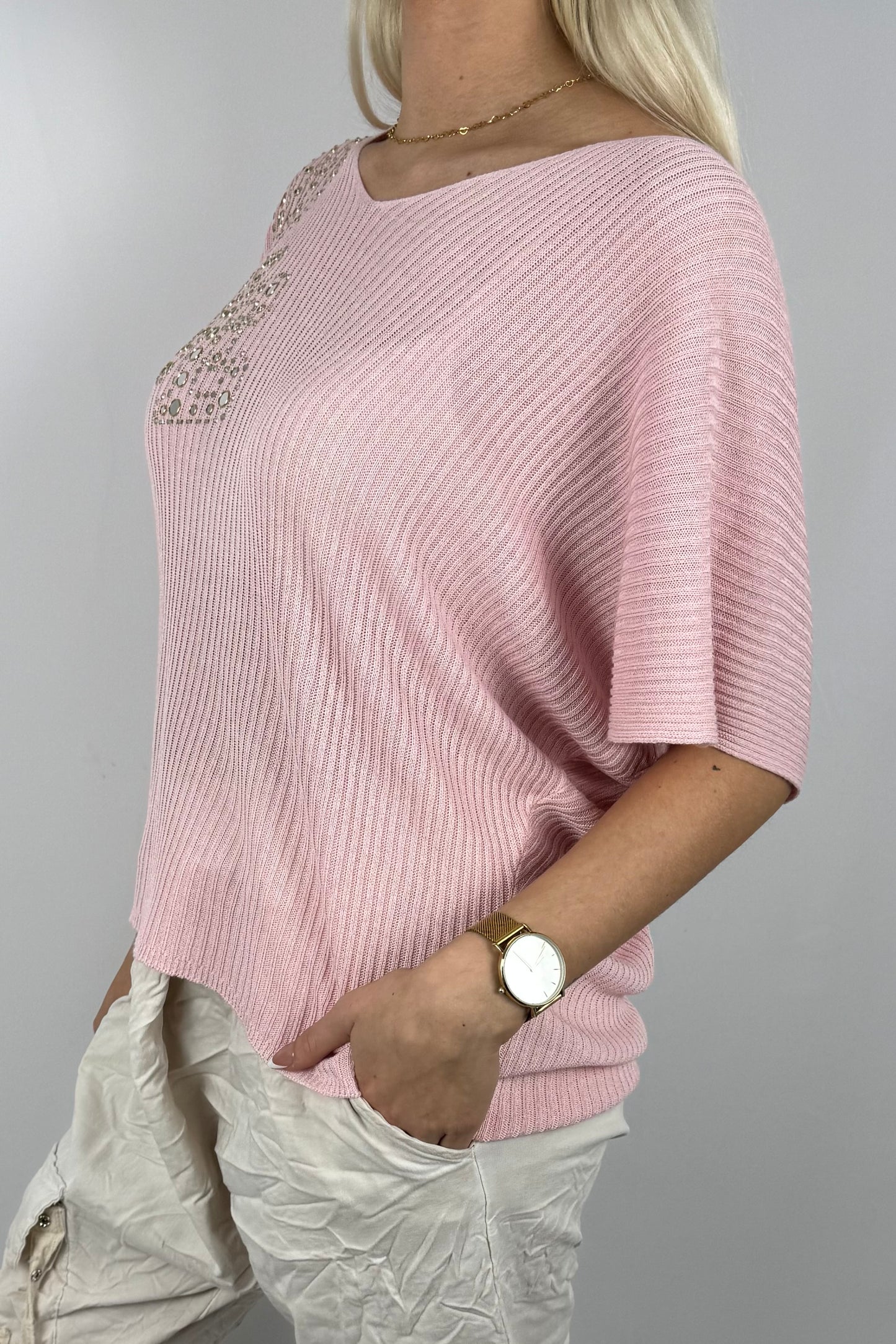 Strickshirt LOVE mit Glitzersteinen Damen-Rosa