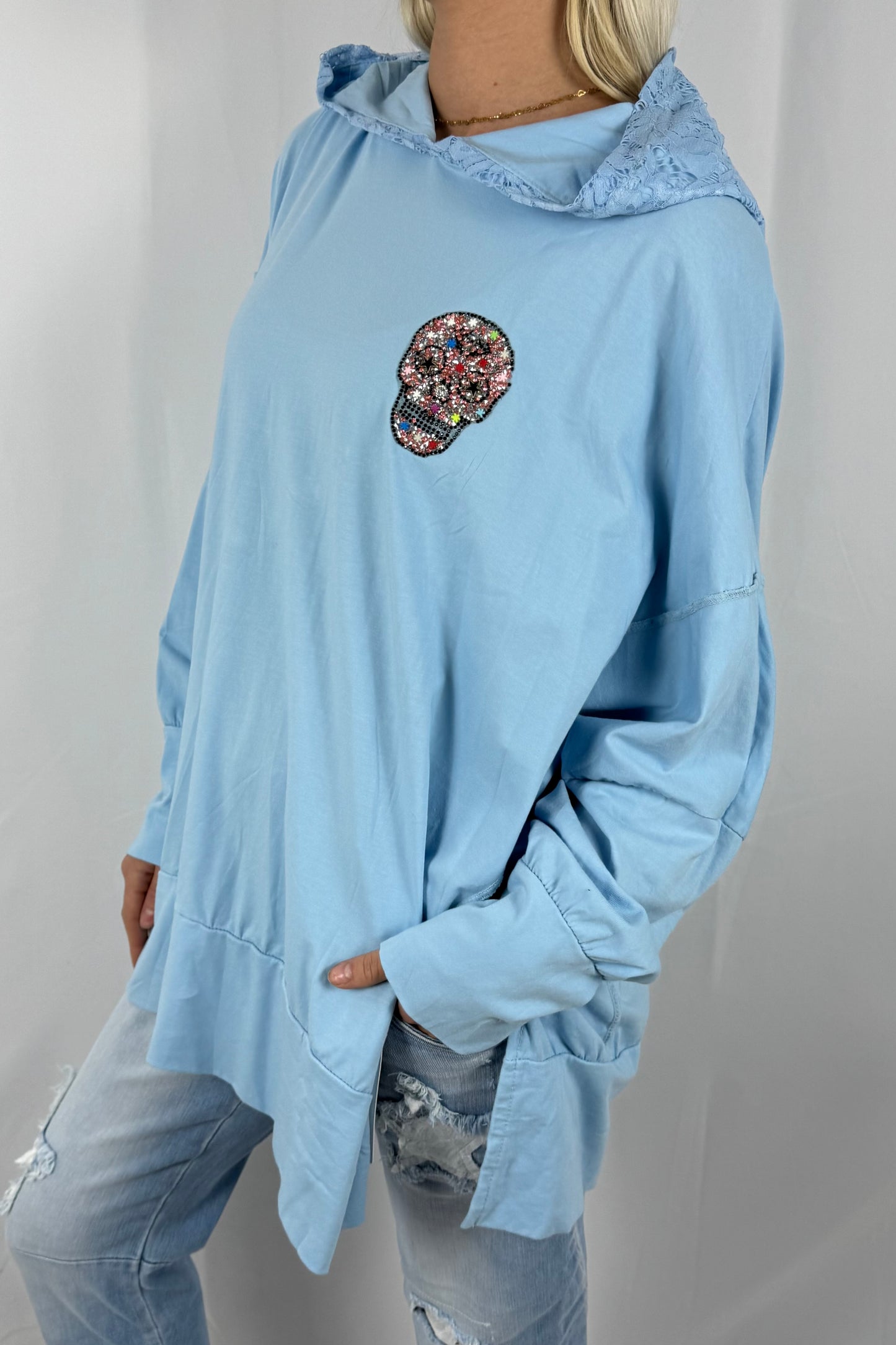 Damen Hoodie mit Strass Totenkopf-Hellblau