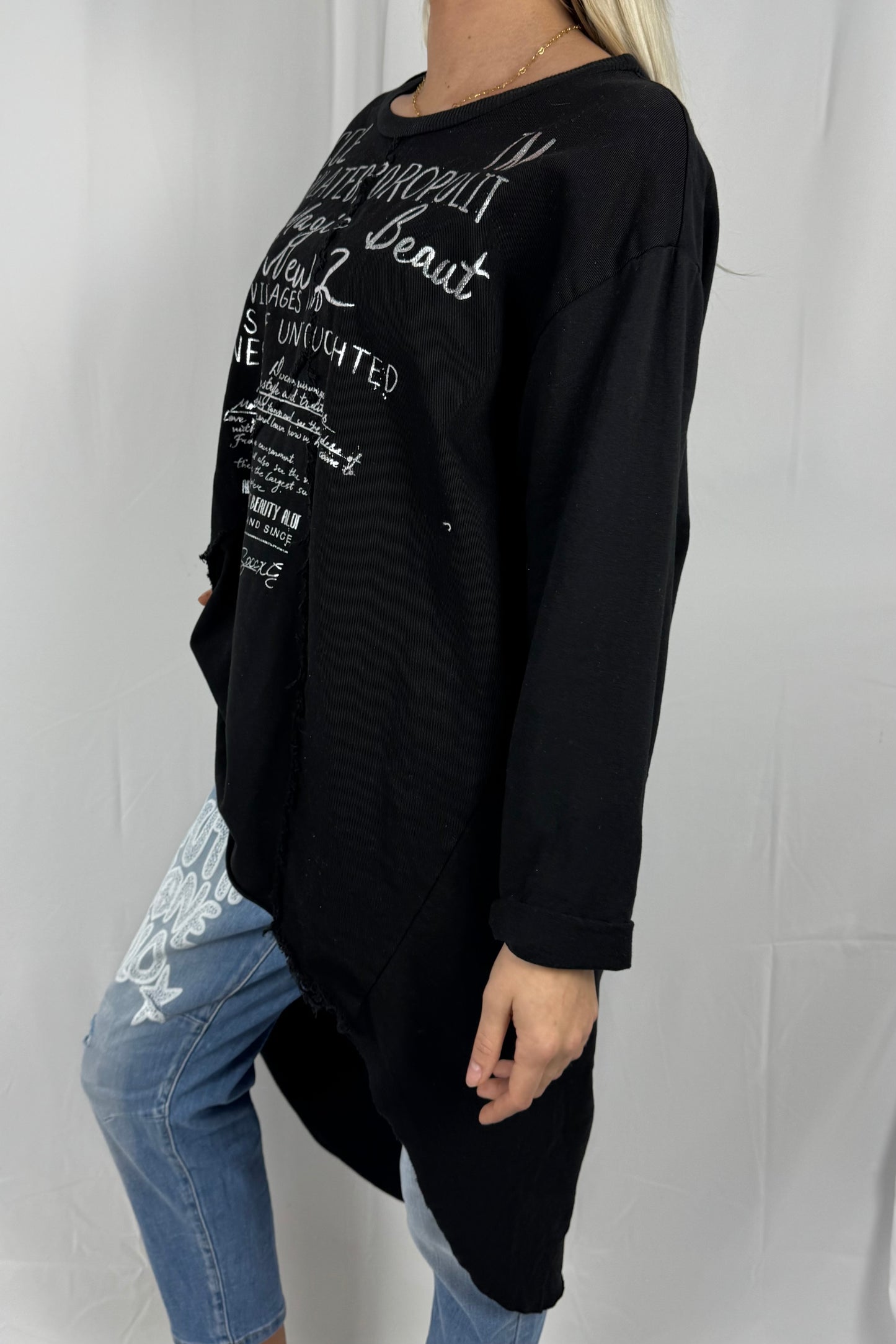 Damen Oversize Longshirt mit Schrift Print-Schwarz