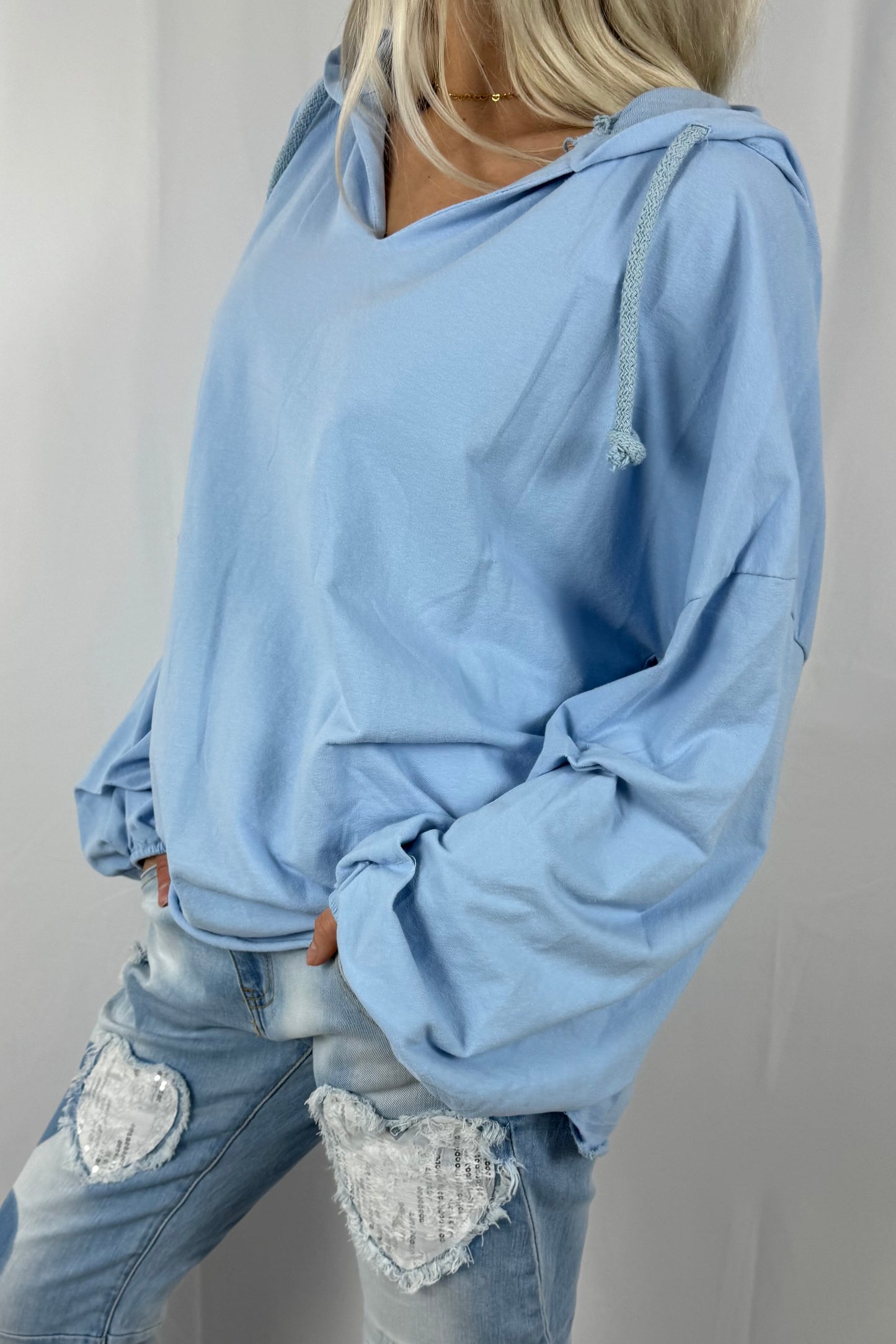 Damen Hoodie Shirt mit V-Ausschnitt –Hellblau