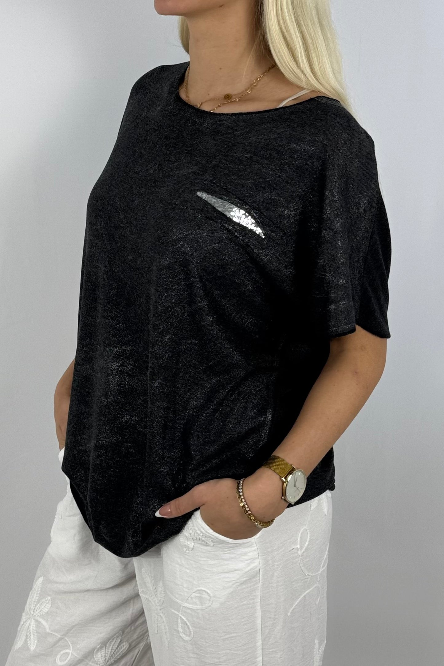 Glitzer-Shirt mit Pailletten-Detail – elegant & bequem-Schwarz