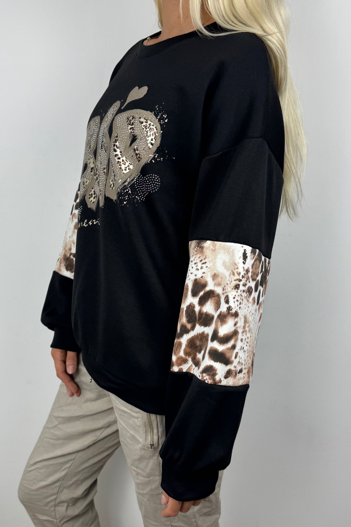 Oversize Sweatshirt mit Print & Animal-Details –Schwarz