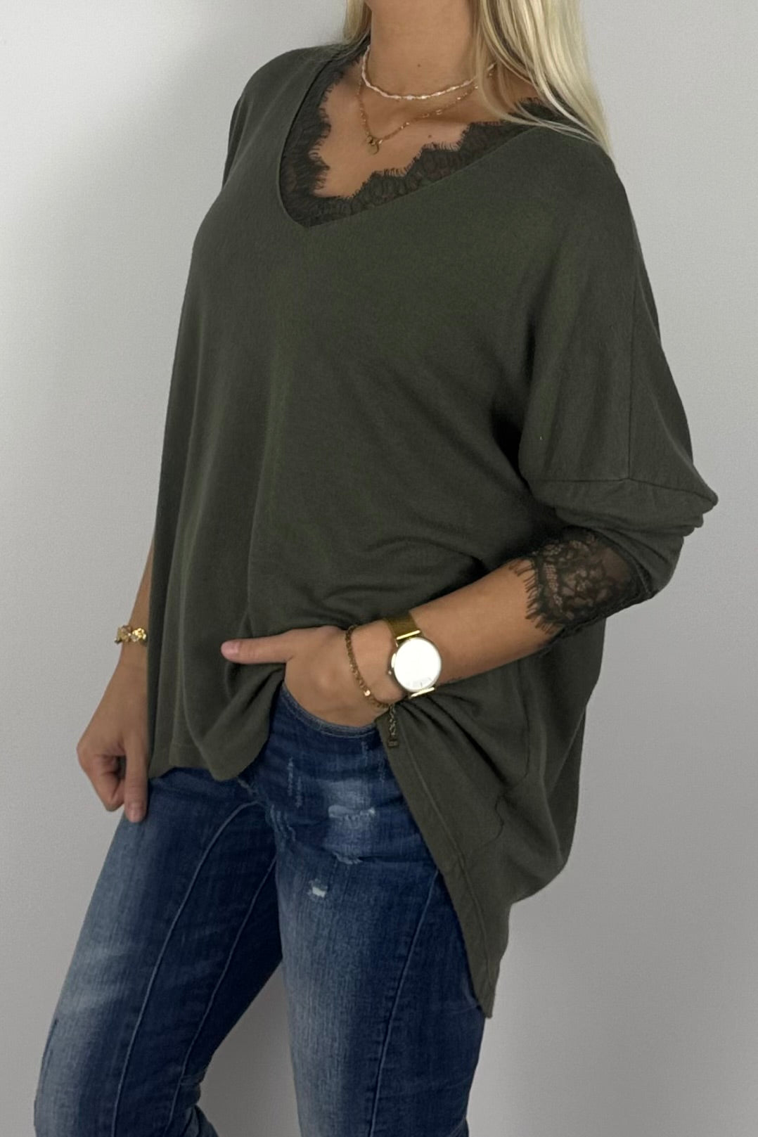 Damen Oversize Shirt mit Spitzen-Details –Khaki