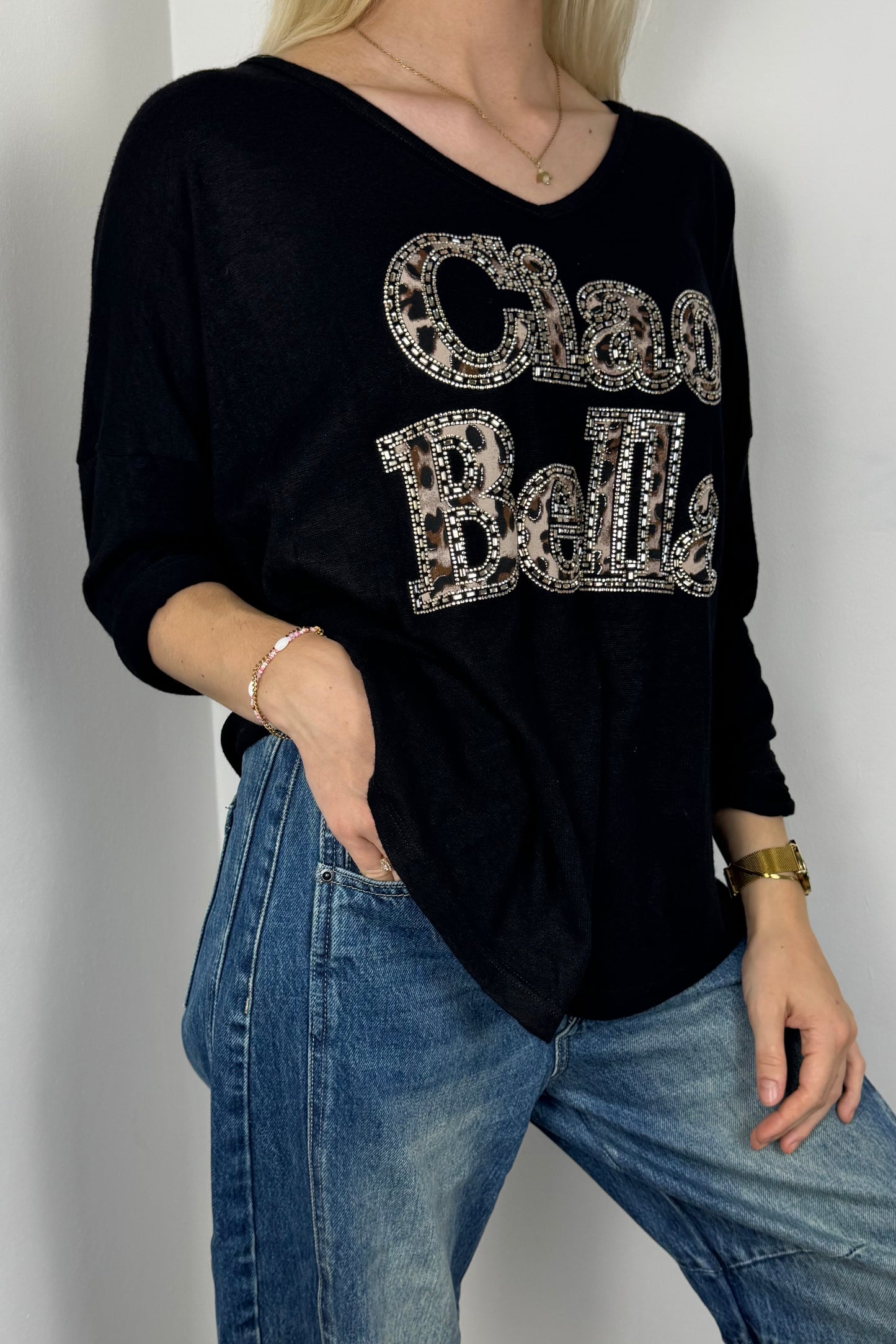 Shirt mit „Ciao Bella“ Print-Schwarz