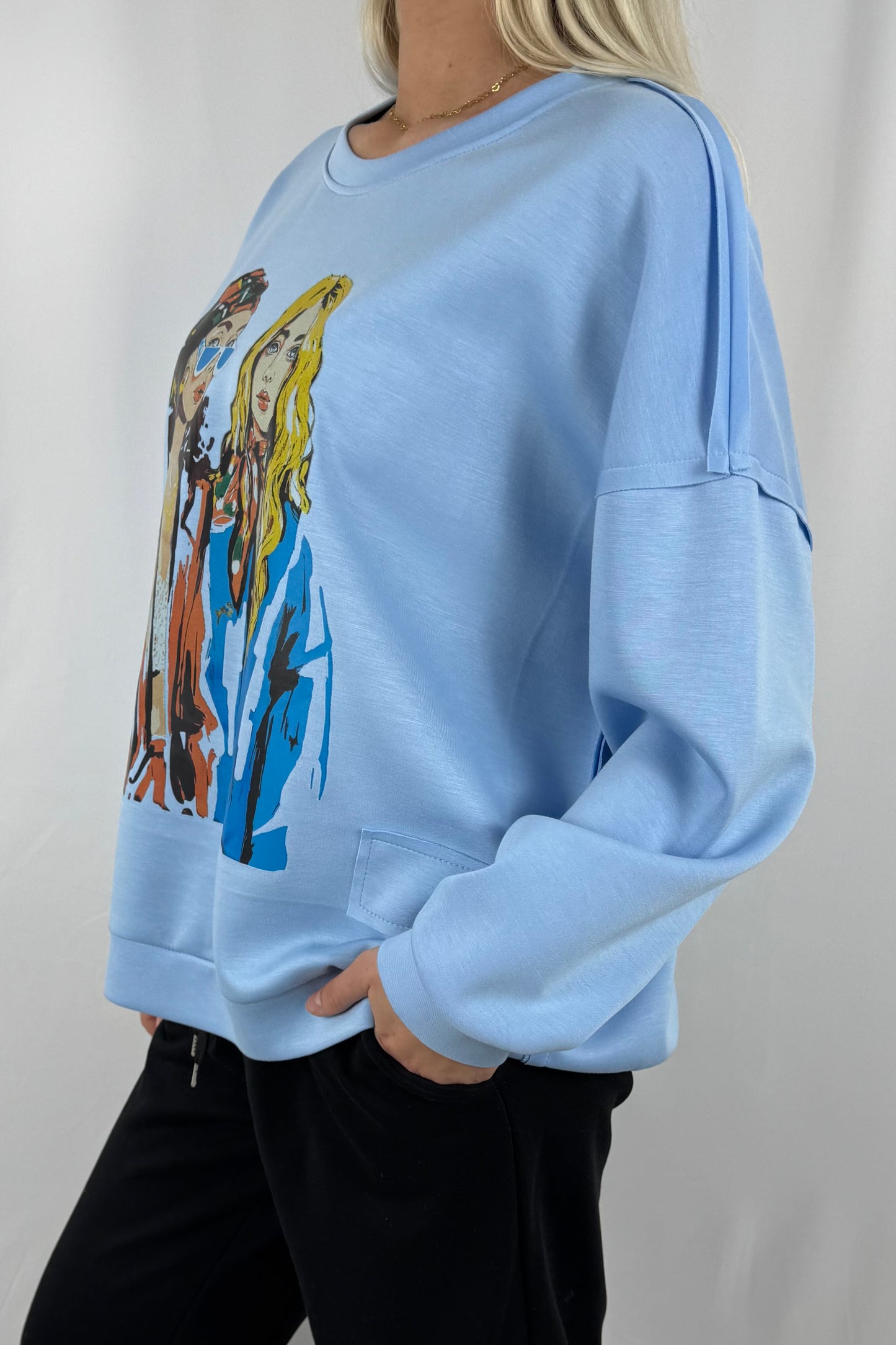 Oversize Damen Sweatshirt mit Fashion Print-Hellblau