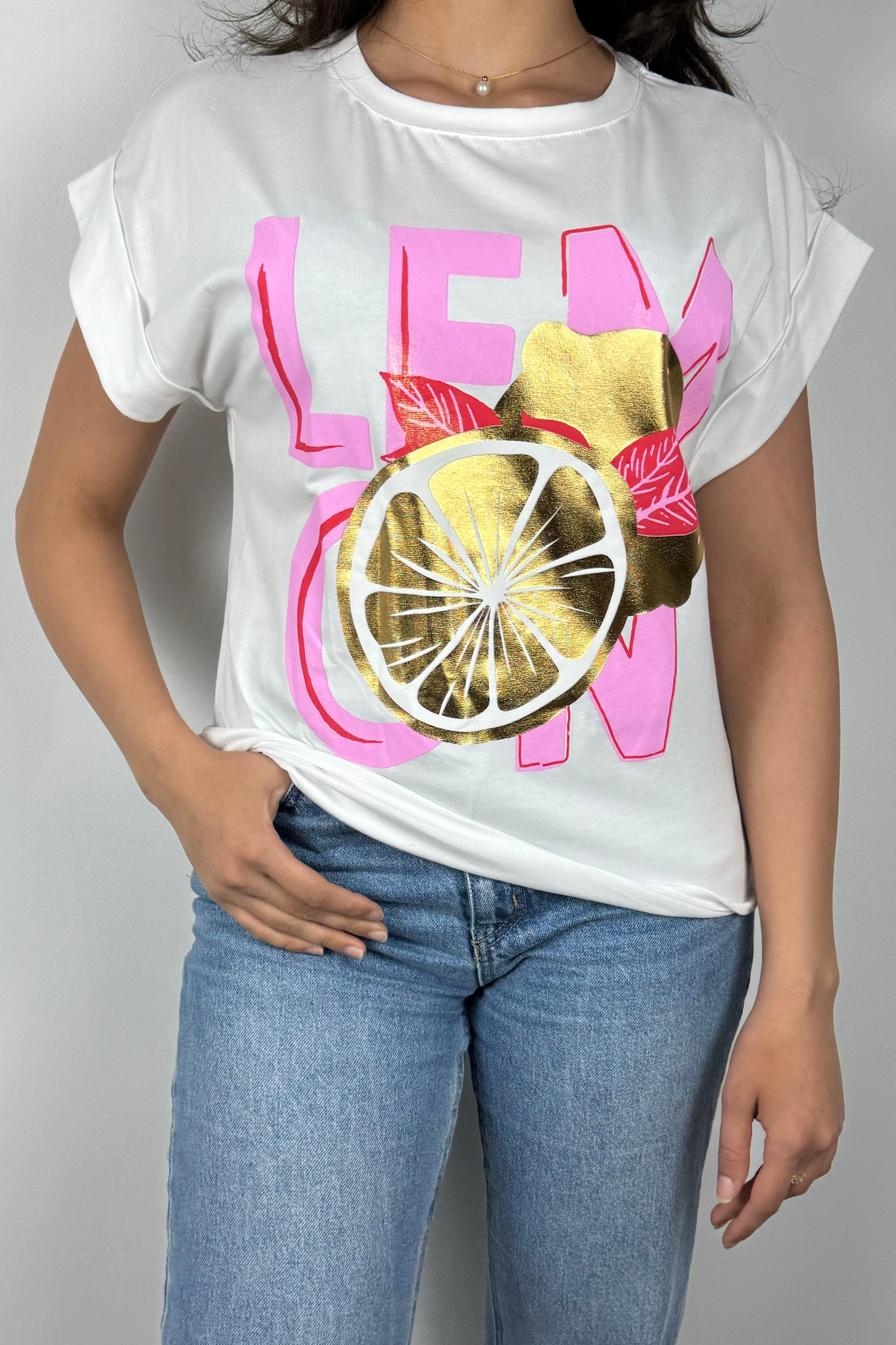 Sommer T-Shirt mit Glanzeffekt & Metallic-Print – „LEMON“-Design