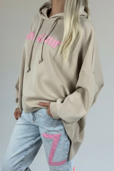 Oversize Hoodie mit Schriftzug „Côte d’Azur“-Beige