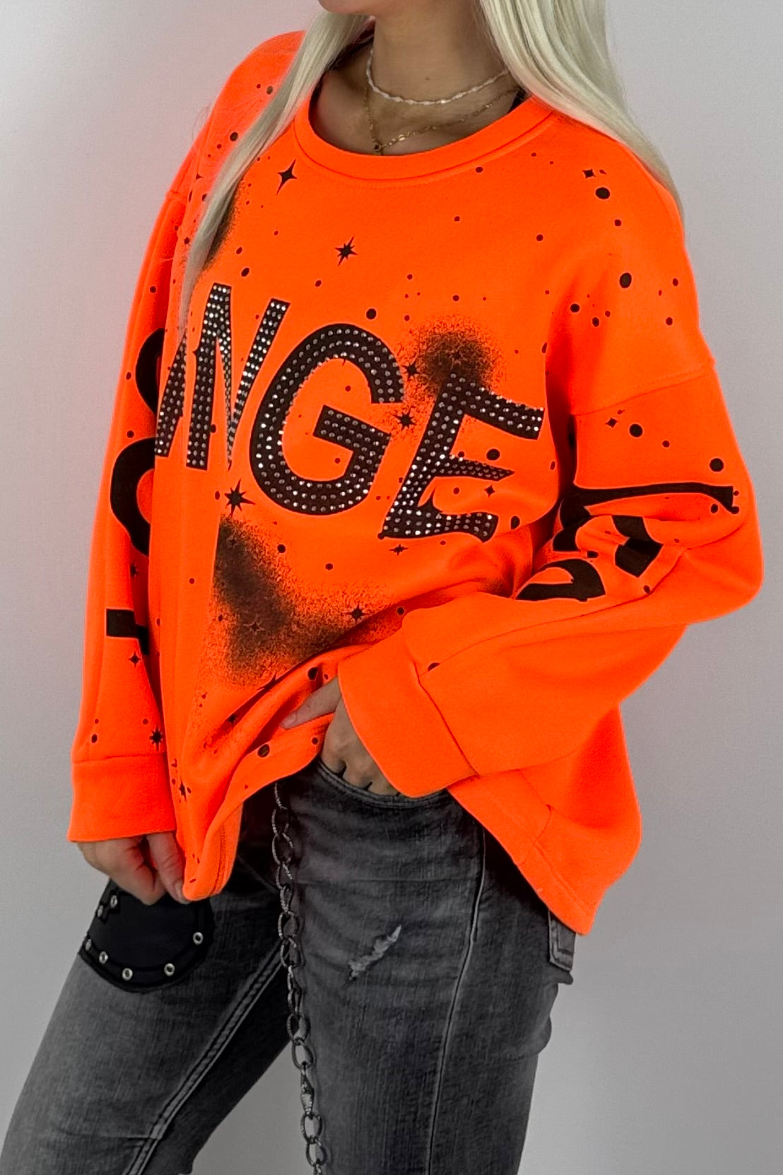 Damen-Sweatshirt mit „Los Angeles“-Schriftzug und Glitzersteinen - Neon Orange