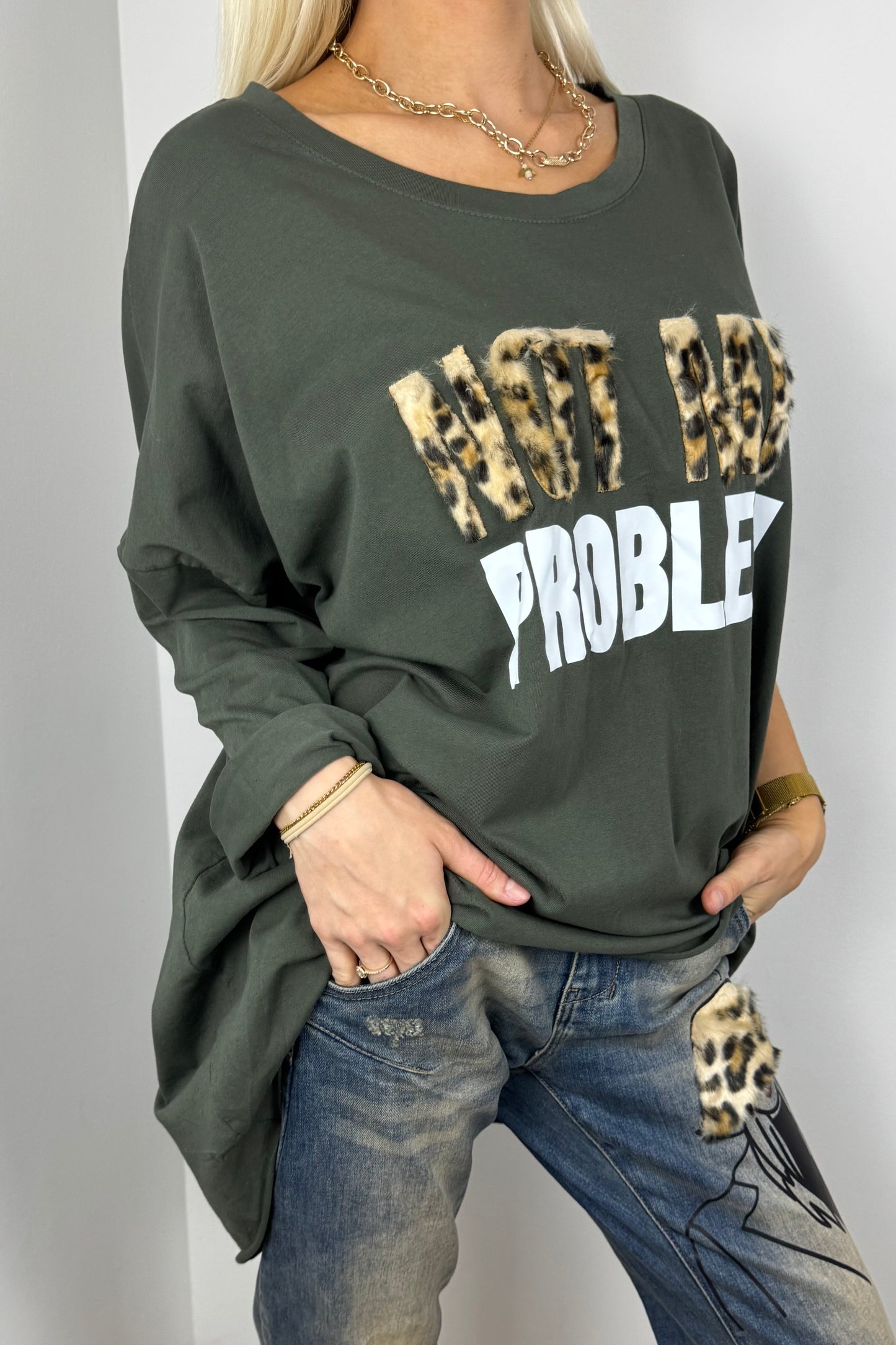Locker geschnittenes Damen-Shirt mit Statement-Print-Khaki