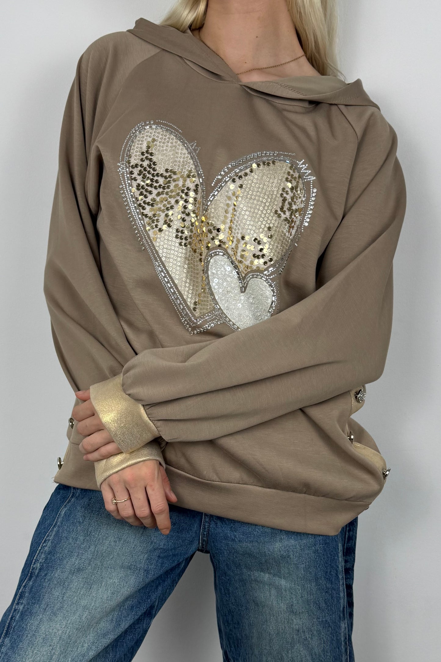 Hoodie mit Herz-Applikation und Glitzer-Details-Mud
