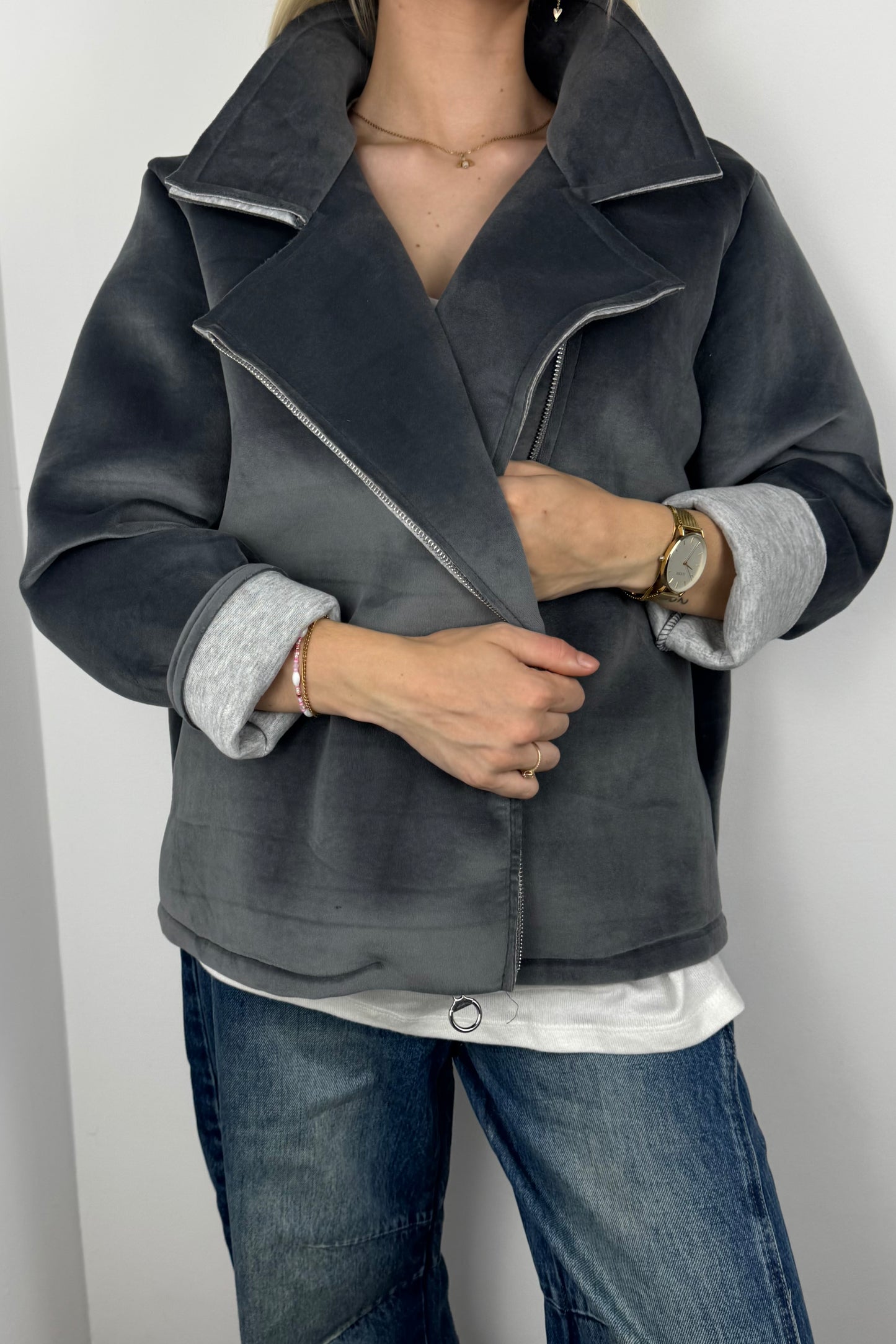 Jacke mit Reißverschluss und Rock & Roll Print-Grau