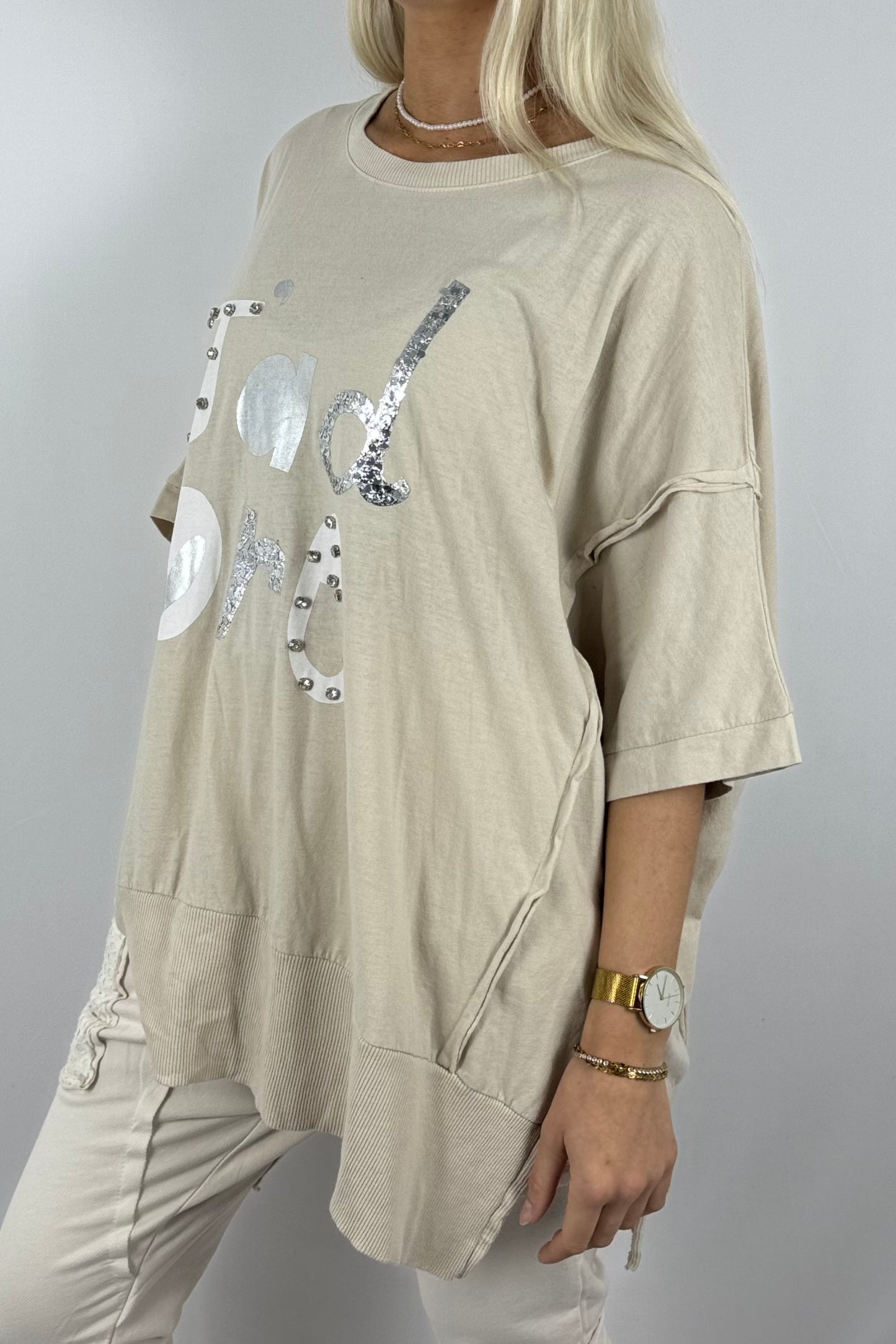 Oversize-Shirt „J’adore“ mit Glitzer-Print-Beige