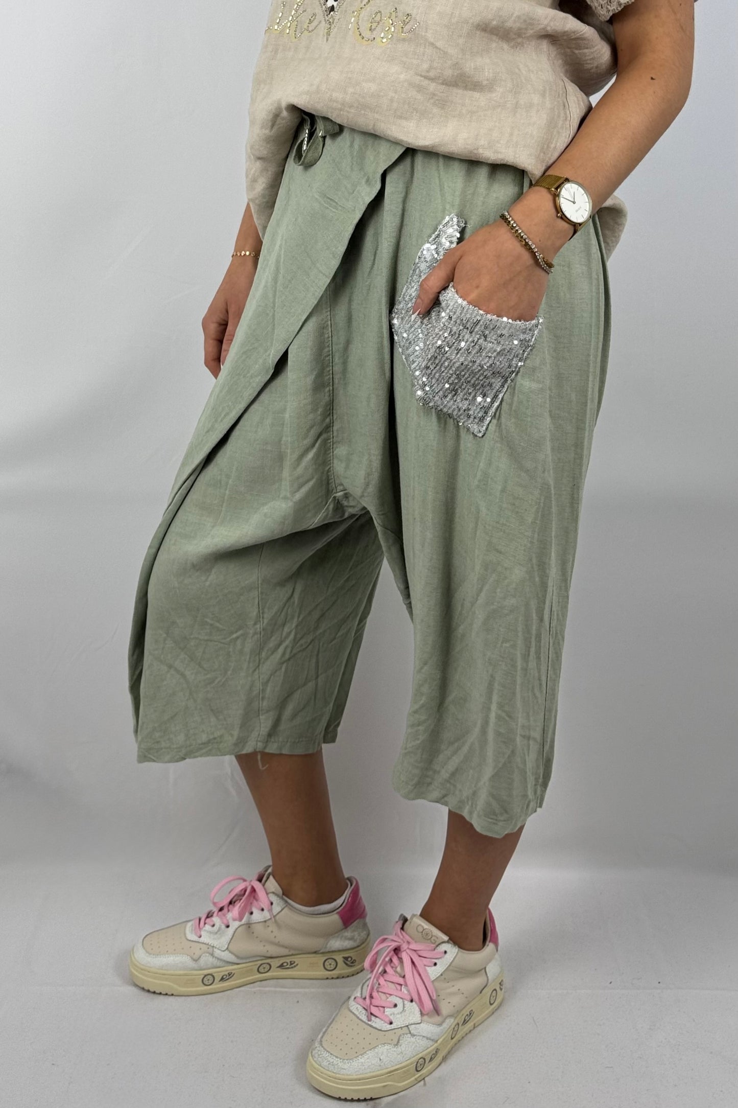 Leichte Wide-Leg-Hose mit Pailletten-Tasche-Khaki