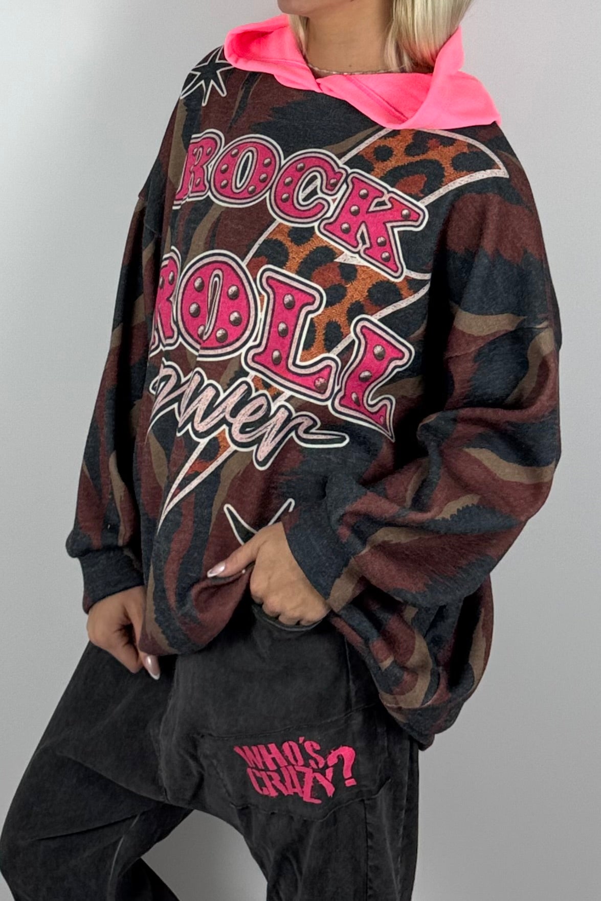 Damen Oversize Hoodie „Rock & Roll Power“-Schoko