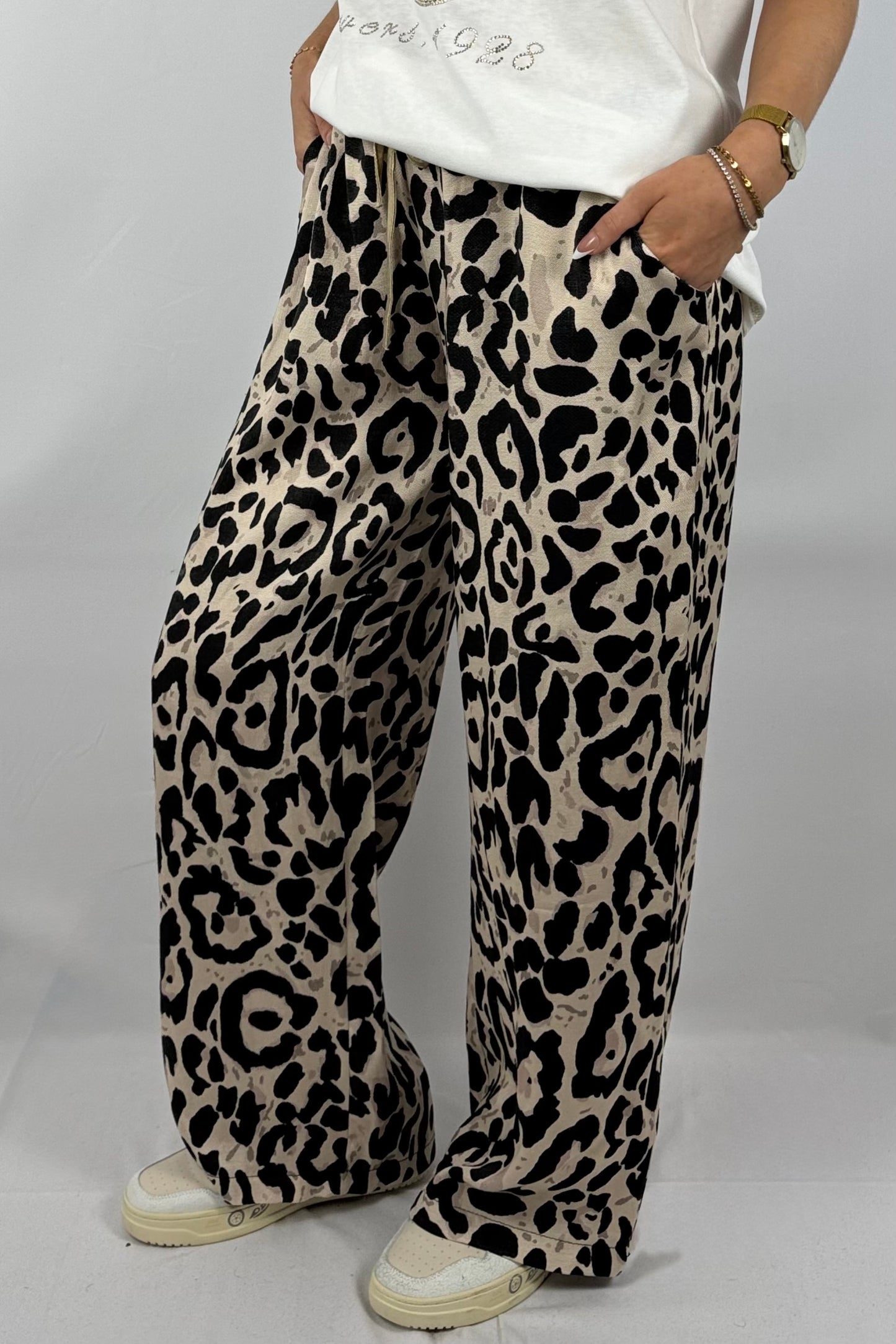 Weite Palazzo-Hose mit Leo-Print-Beige