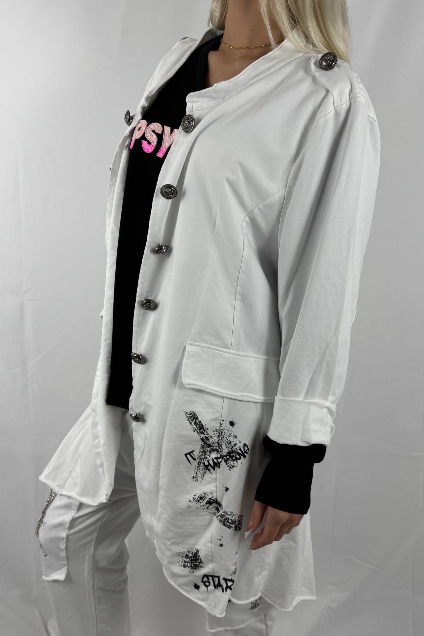 Lässiger Mantel mit Print & Knopfleiste –weiß