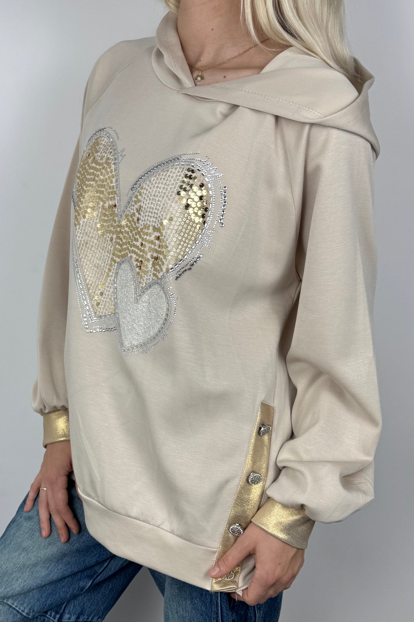 Hoodie mit Herz-Applikation und Glitzer-Details-Beige