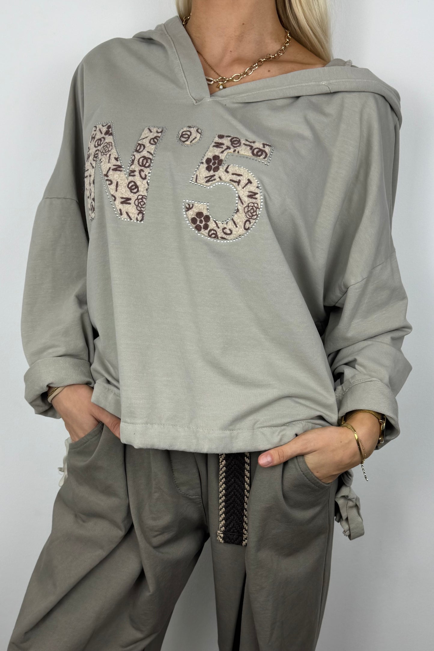 Hoodie mit Print-Detail und Bindeband-Beige