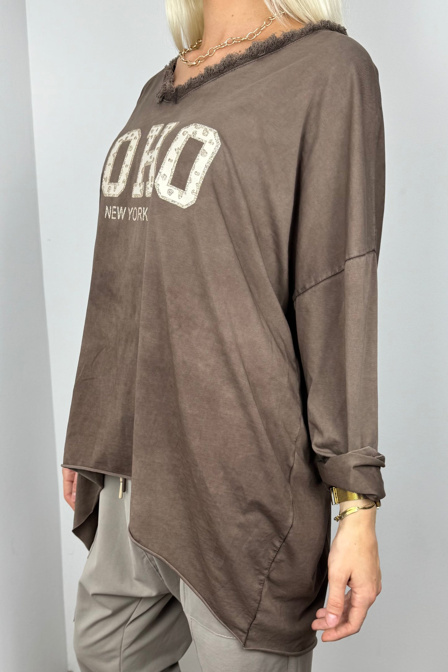 Oversize Shirt „SOHO New York“ mit Fransen-Detail-Choco