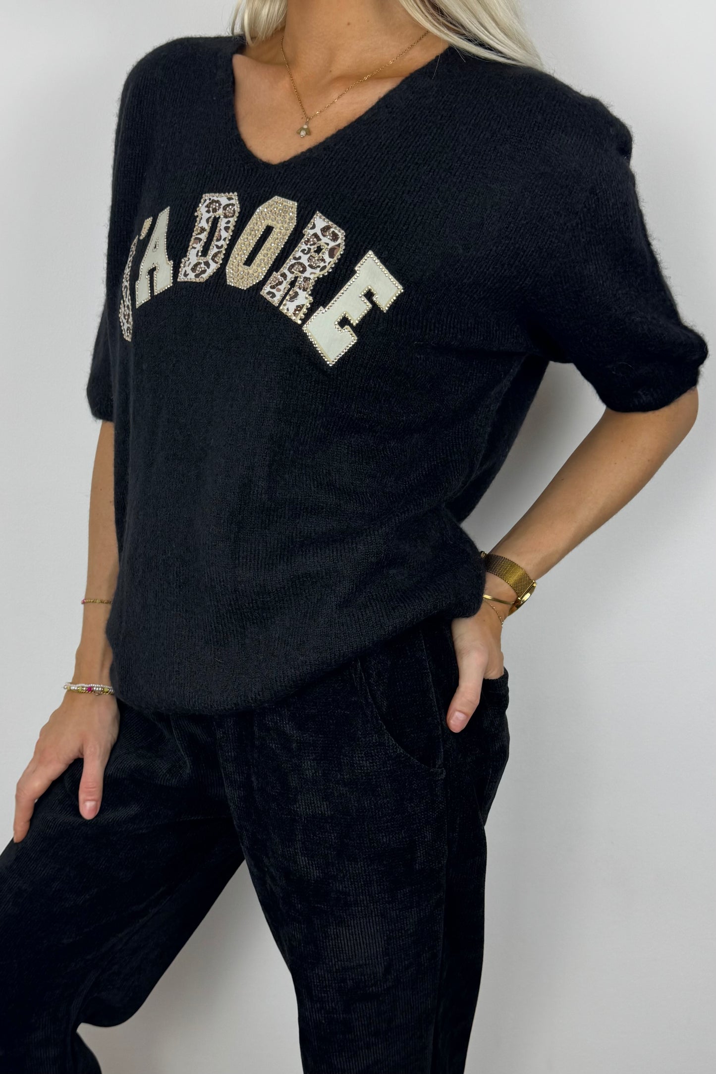 Shirt "J'Adore" mit Strass & Leo-Details-Schwarz