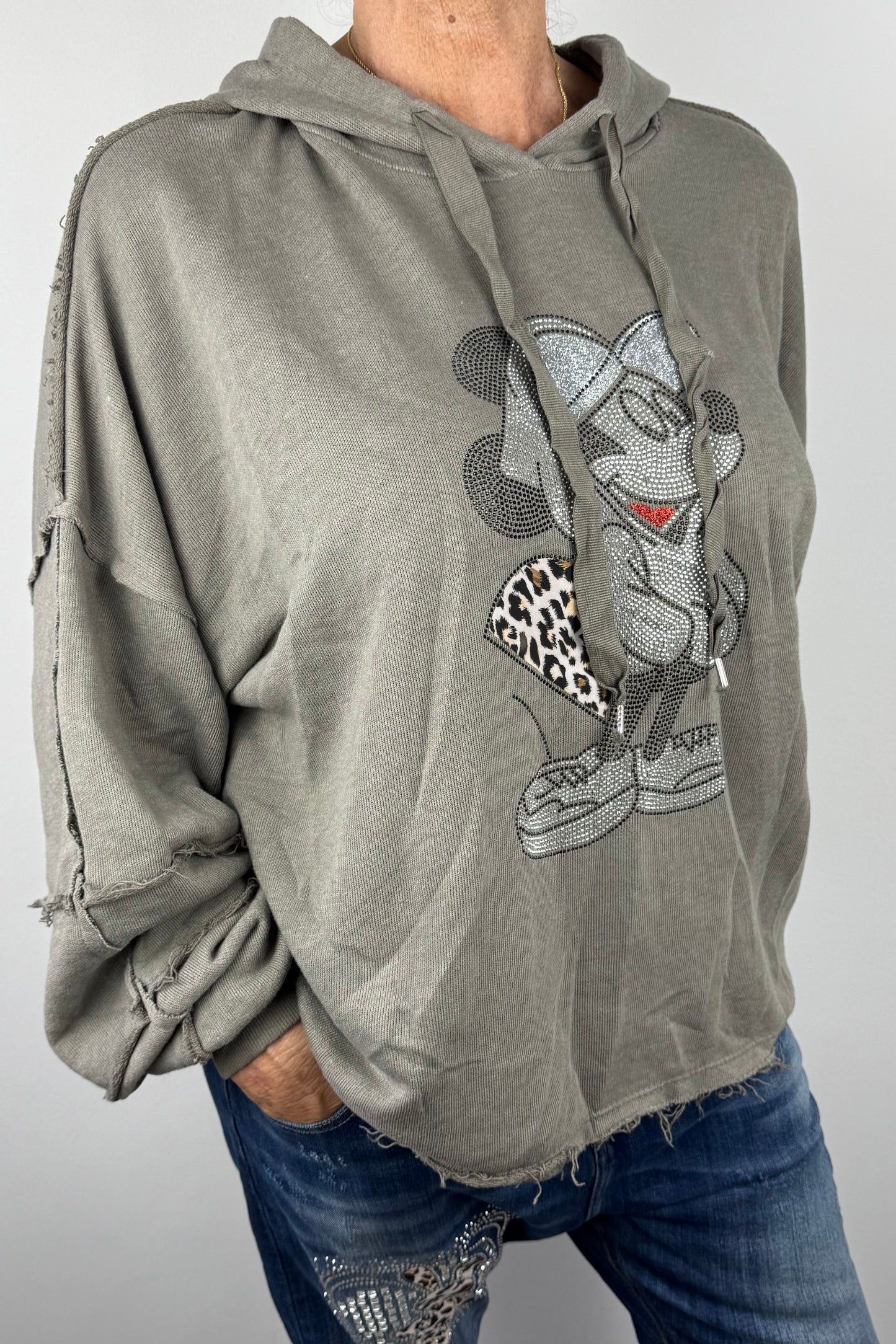 Damen Hoodie mit Glitzer-Motiv & Animal-Print-Detai