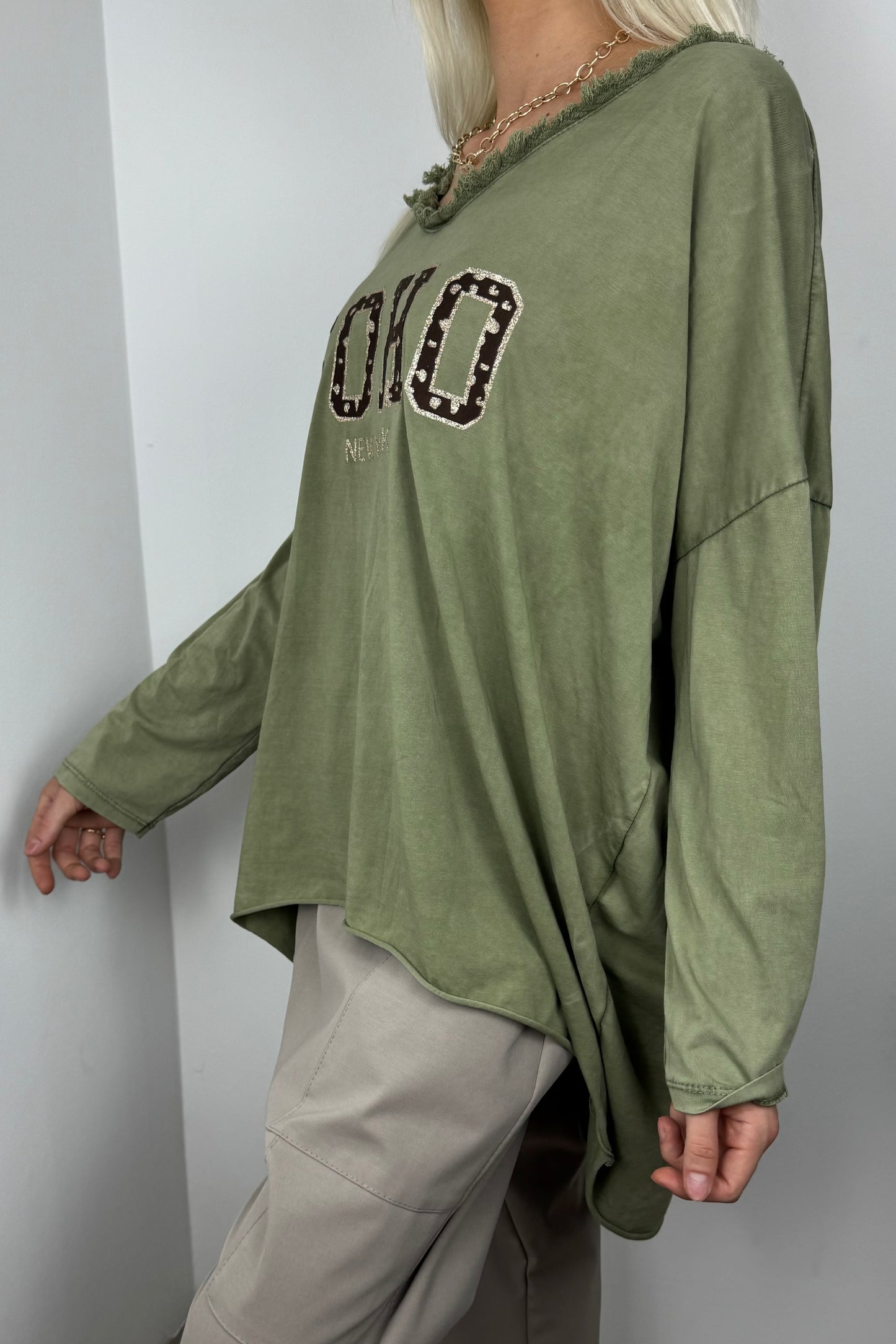 Oversize Shirt „SOHO New York“ mit Fransen-Detail-Olive