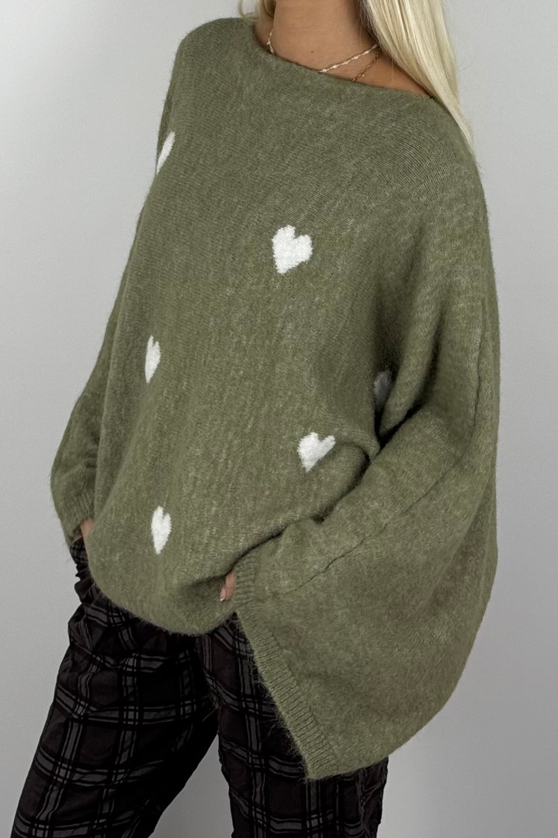 Damen Oversize-Strickpullover mit Herzmuster-Hell Khaki