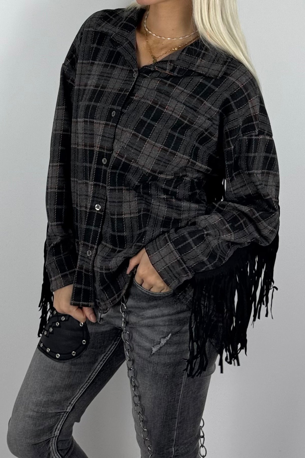 Damen-Karobluse mit Fransen-Anthrazit