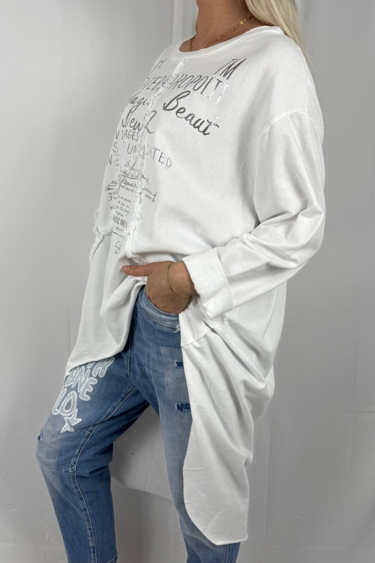 Damen Oversize Longshirt mit Schrift Print-Weiß