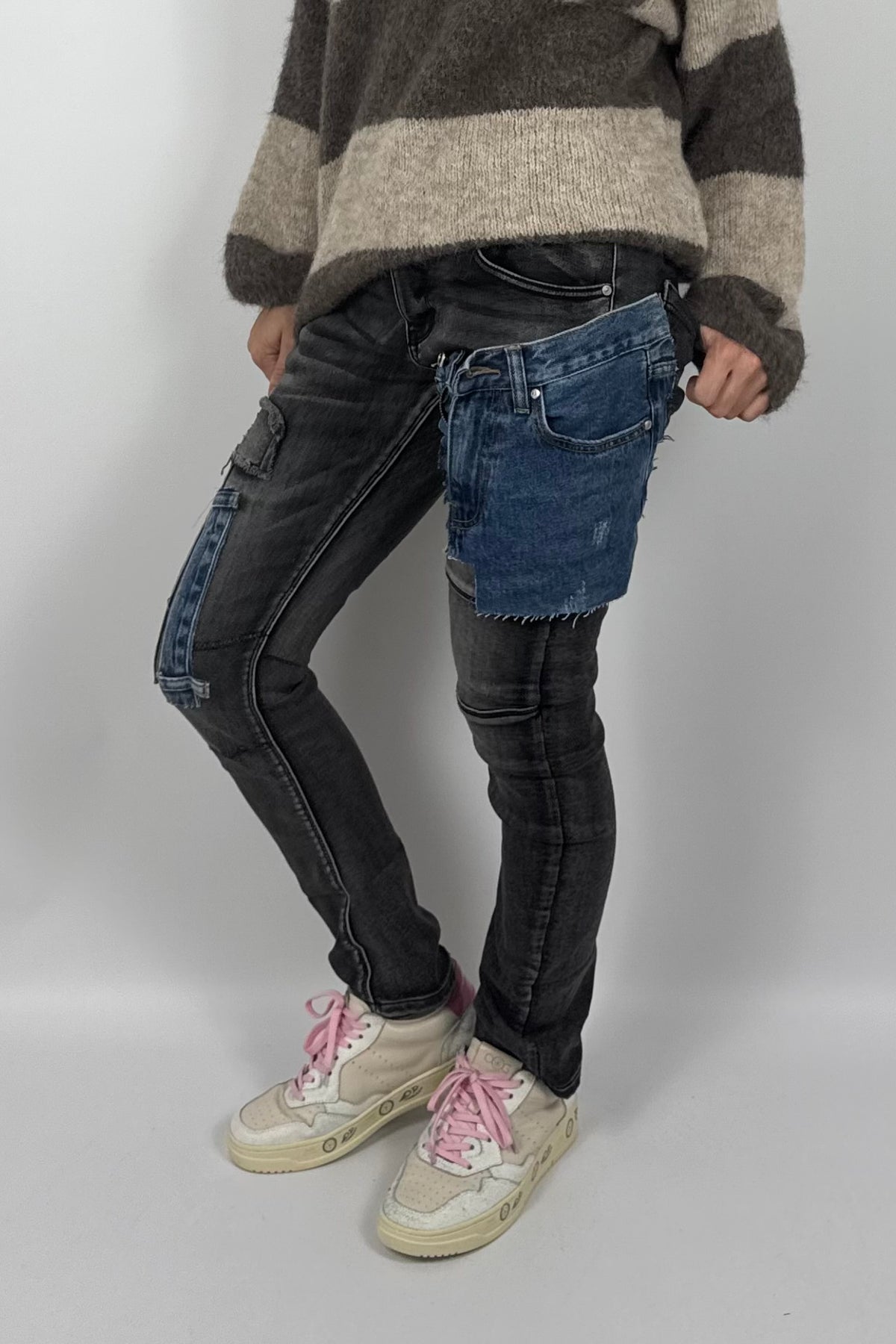 Damen Jeans mit Denim-Patchwork – Schwarz/Blau