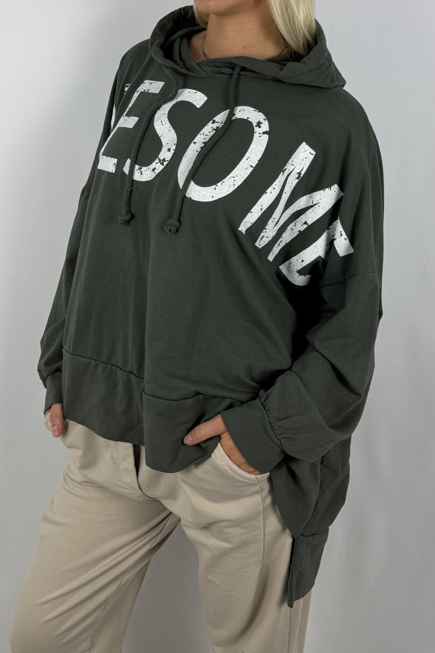 Damen Oversize Hoodie – Awesome Print-Khaki
