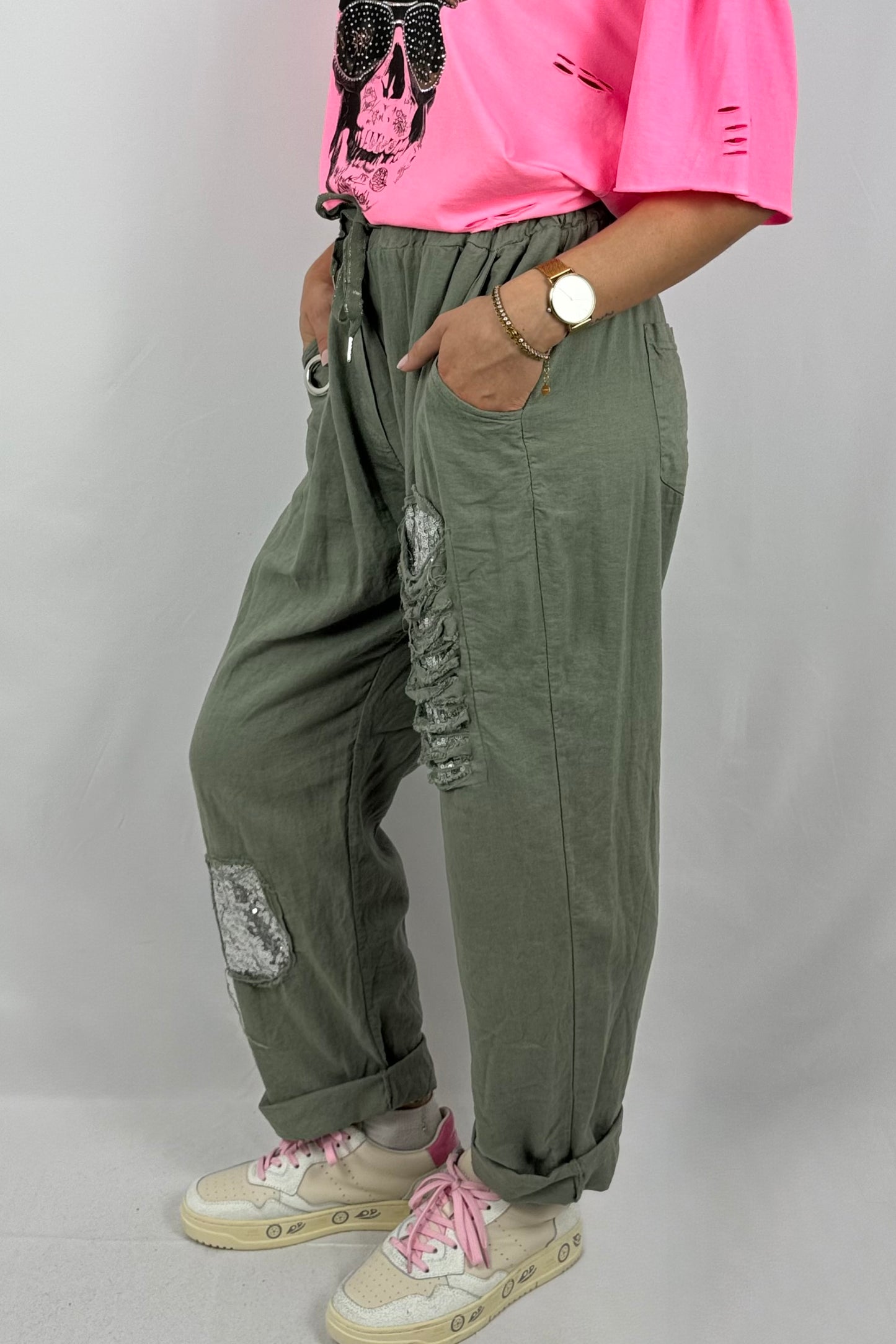 Leinen-Viskose Hose mit Pailletten-Details-Khaki