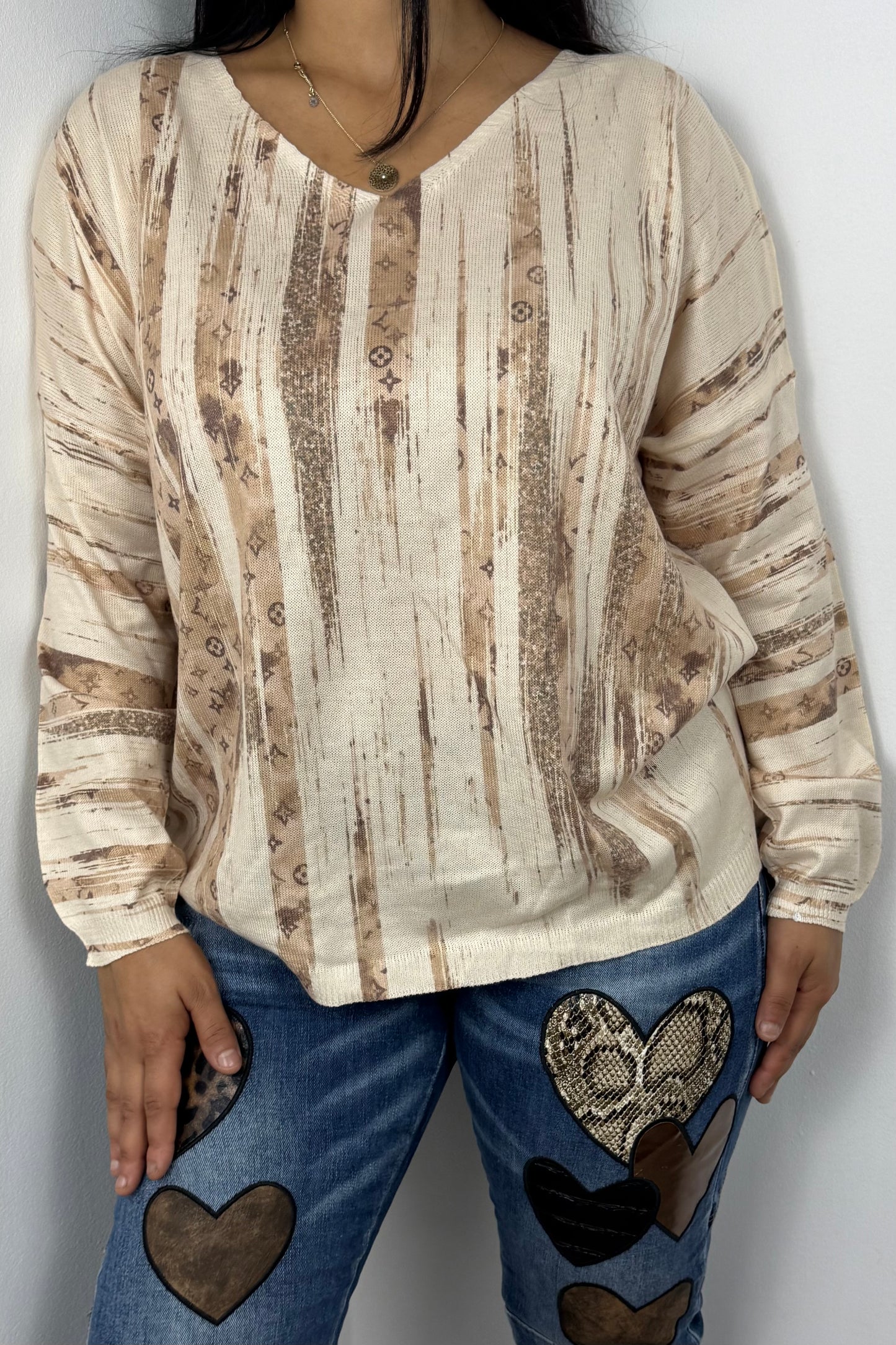 Feinstrick-Shirt mit Print und V-Ausschnitt
