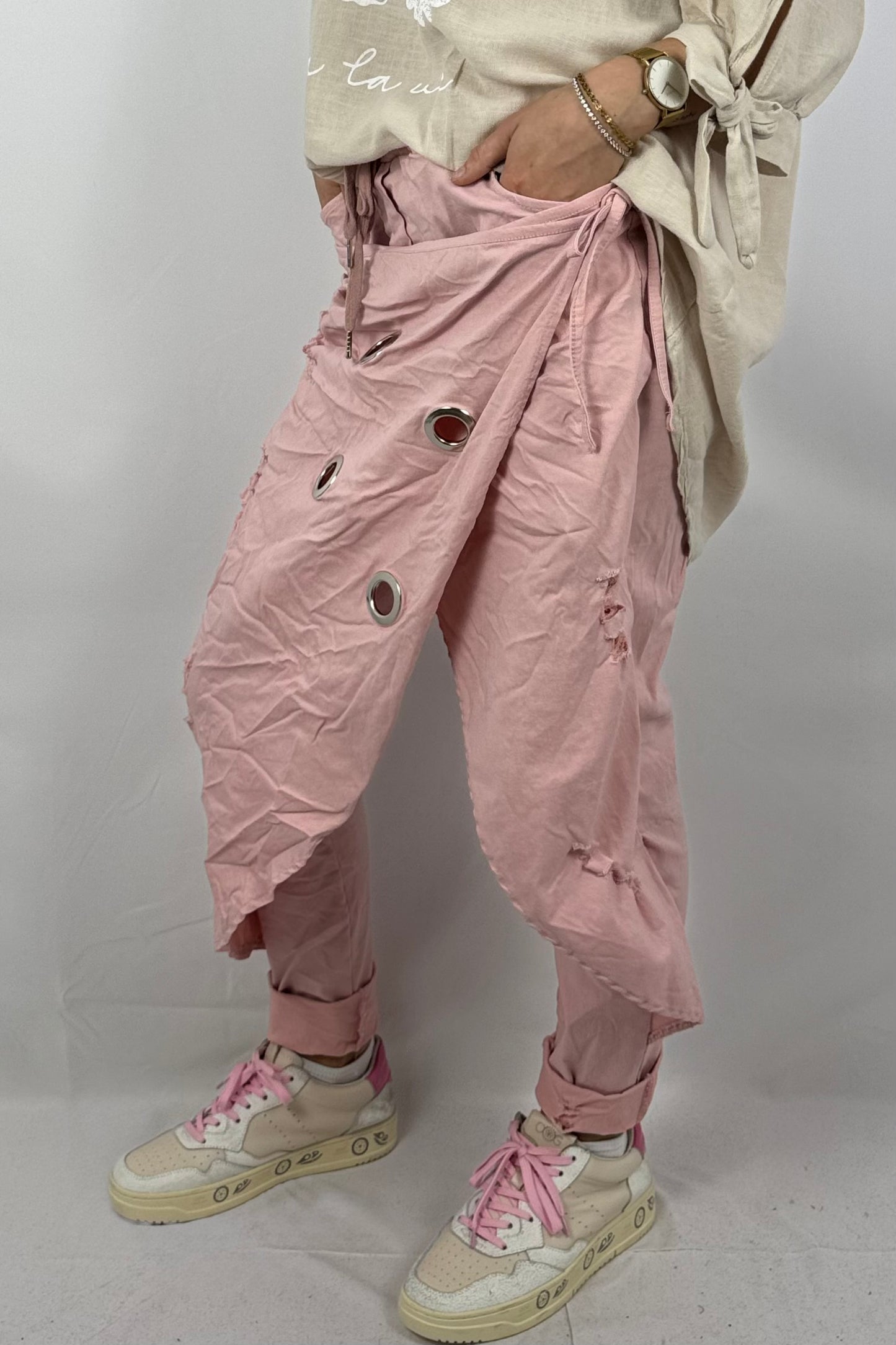 Haremshose mit Wickeloptik & Ösendetails-Rosa
