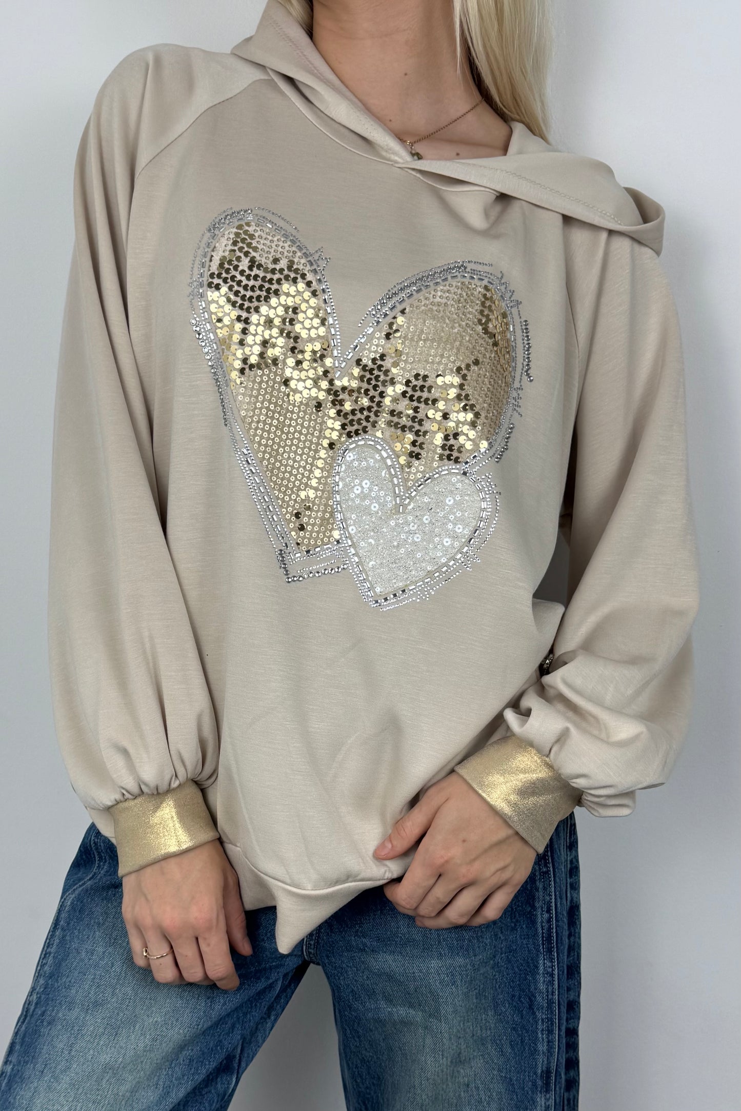 Hoodie mit Herz-Applikation und Glitzer-Details-Beige