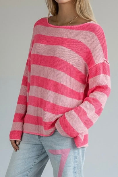 Gestreiftes Shirt mit Rundhalsausschnitt-Pink