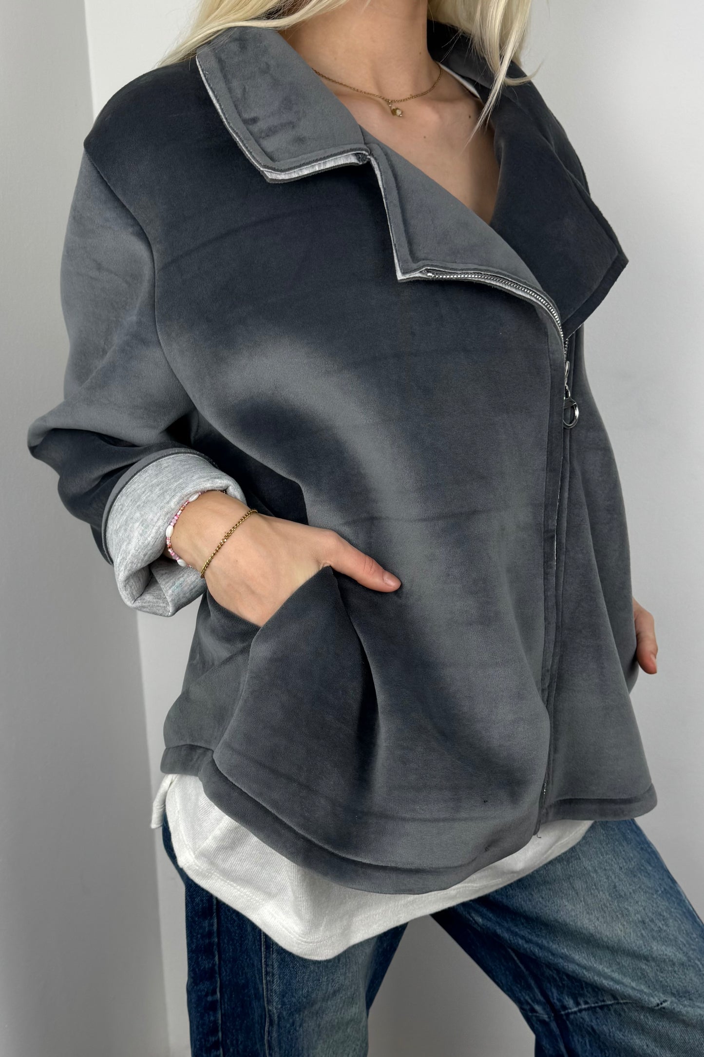 Jacke mit Reißverschluss und Rock & Roll Print-Grau