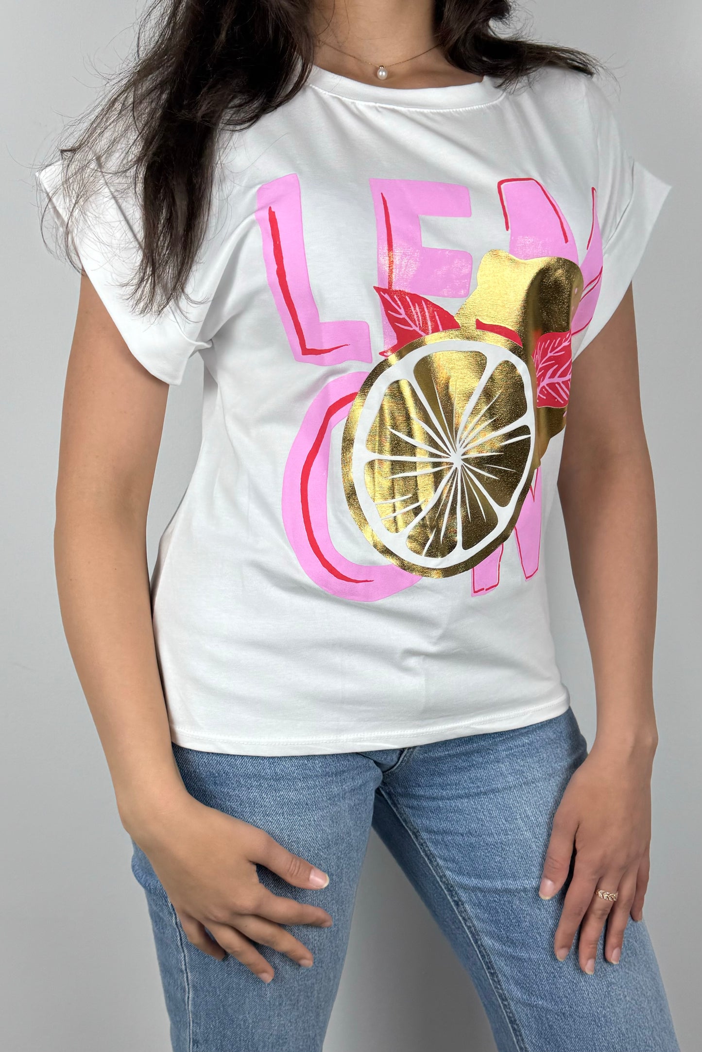 Sommer T-Shirt mit Glanzeffekt & Metallic-Print – „LEMON“-Design