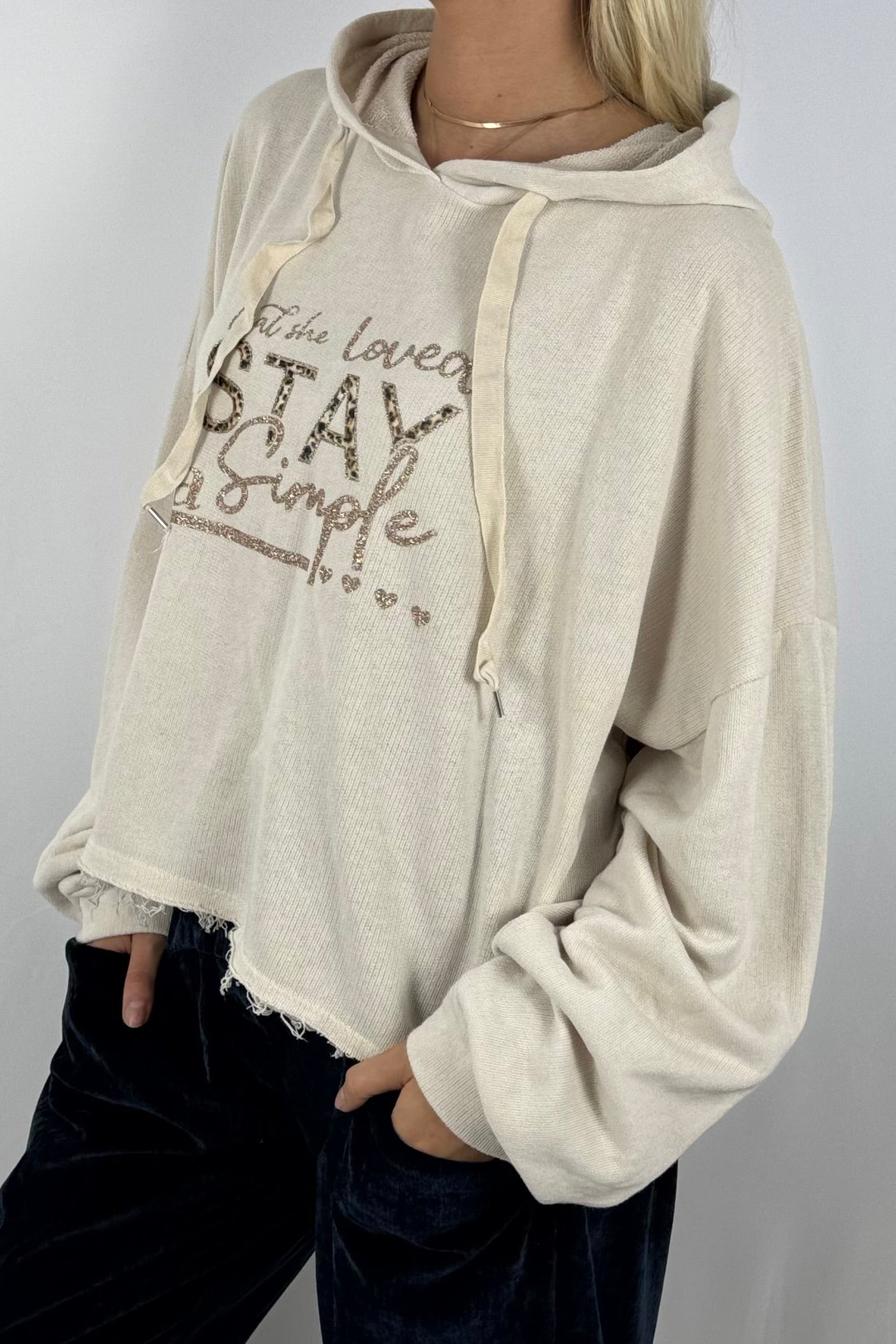 Damen Hoodie – Cropped mit Statement-Print-Beige