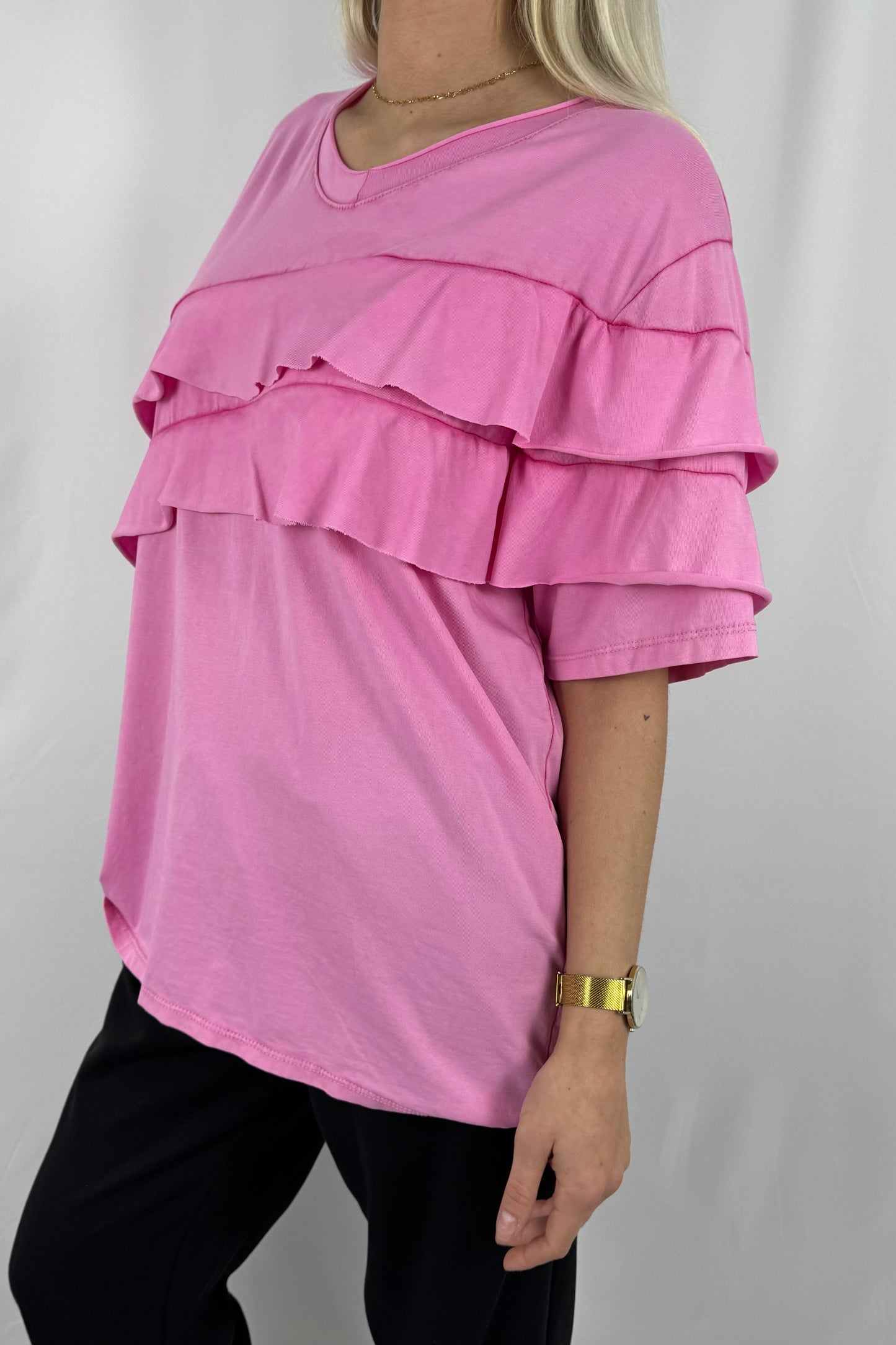 Damen Shirt mit Volant Detail und V Ausschnitt-Pink