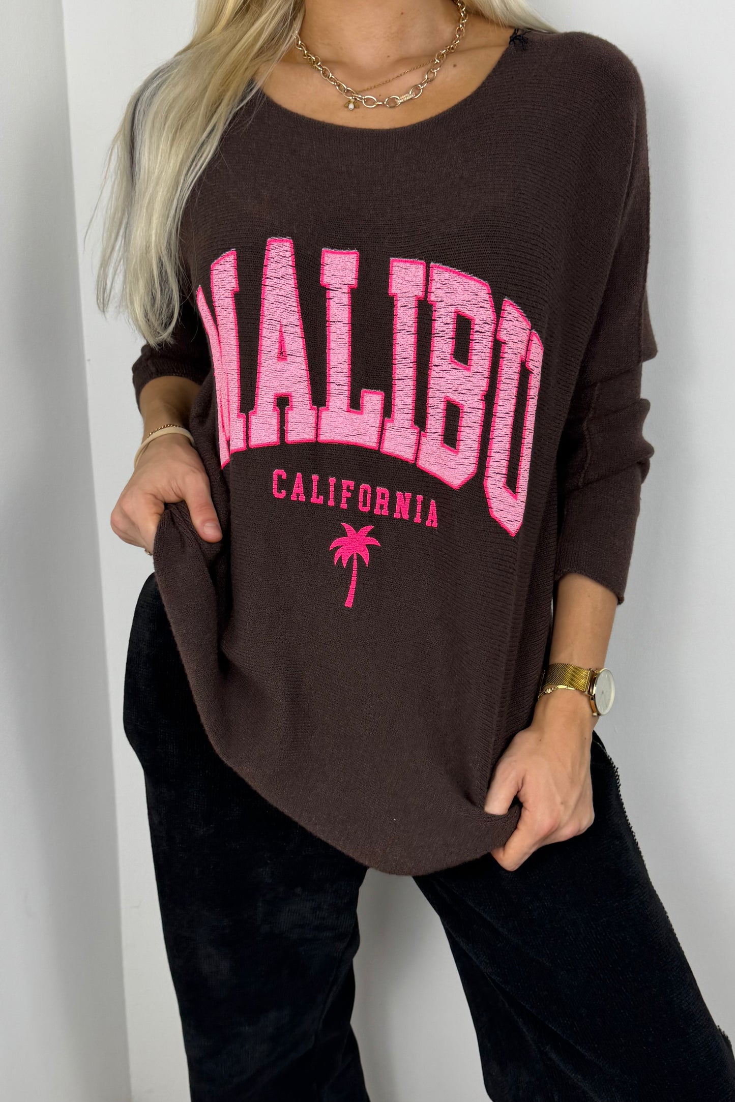 Damen Shirt mit Malibu-Print und lockerem Schnitt-Choco