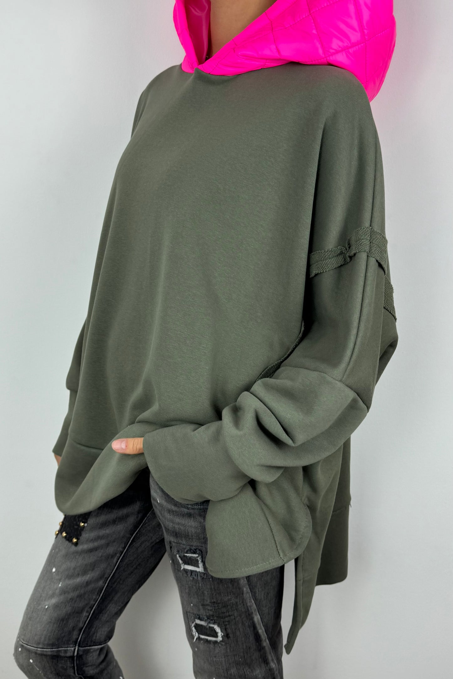 Oversize Hoodie mit Kontrastkapuze –Khaki