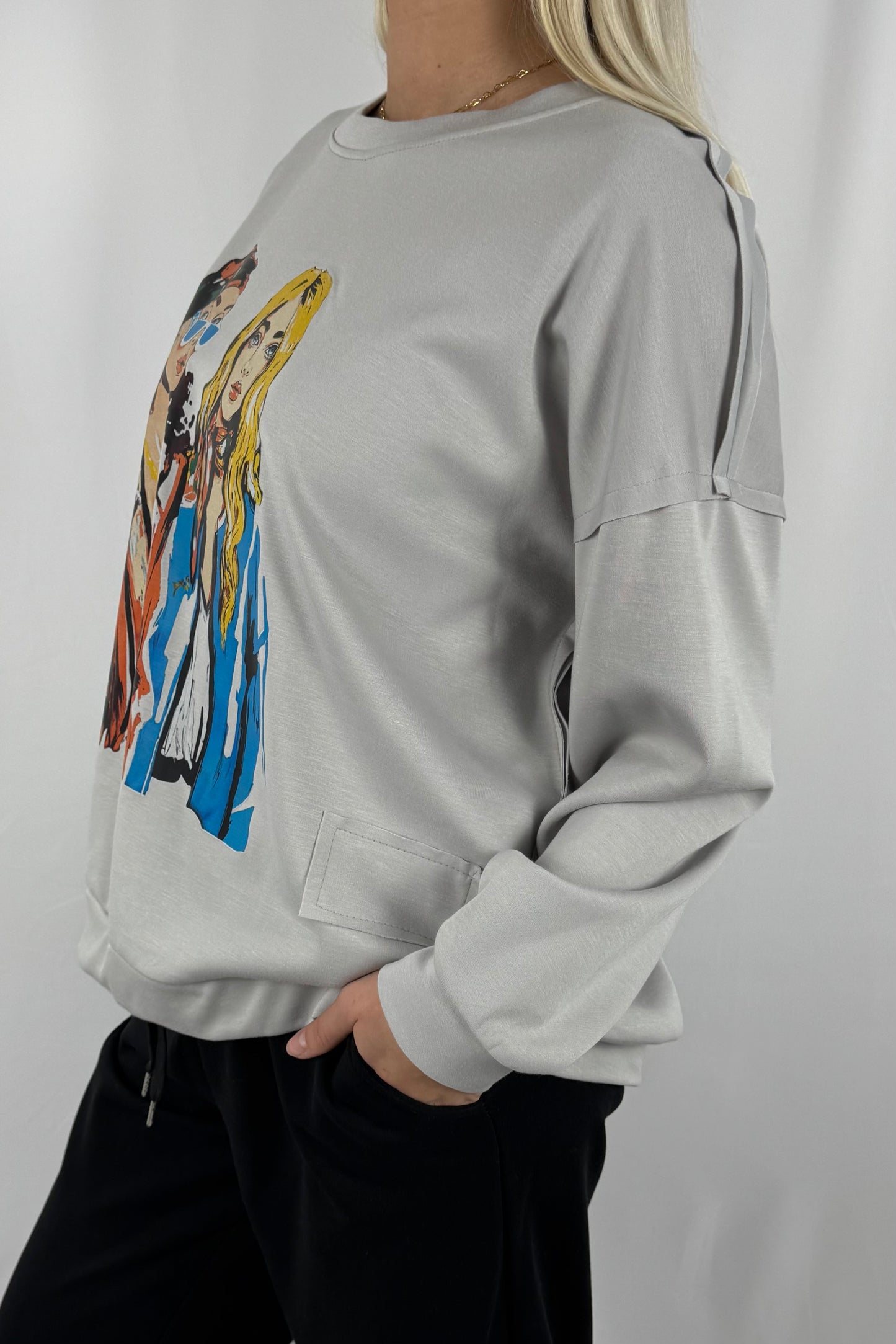 Oversize Damen Sweatshirt mit Fashion Print-grau