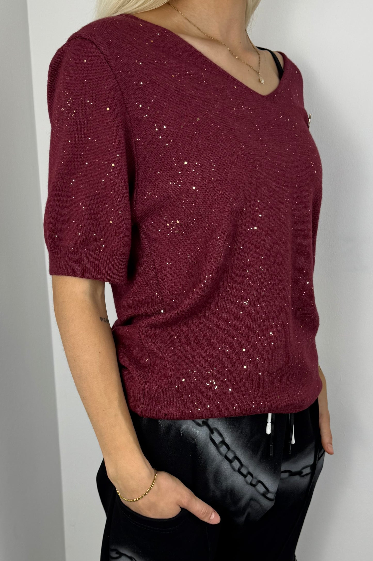 Damen Shirt mit Herz-Detail und Glitzer-Akzenten -Bordeux