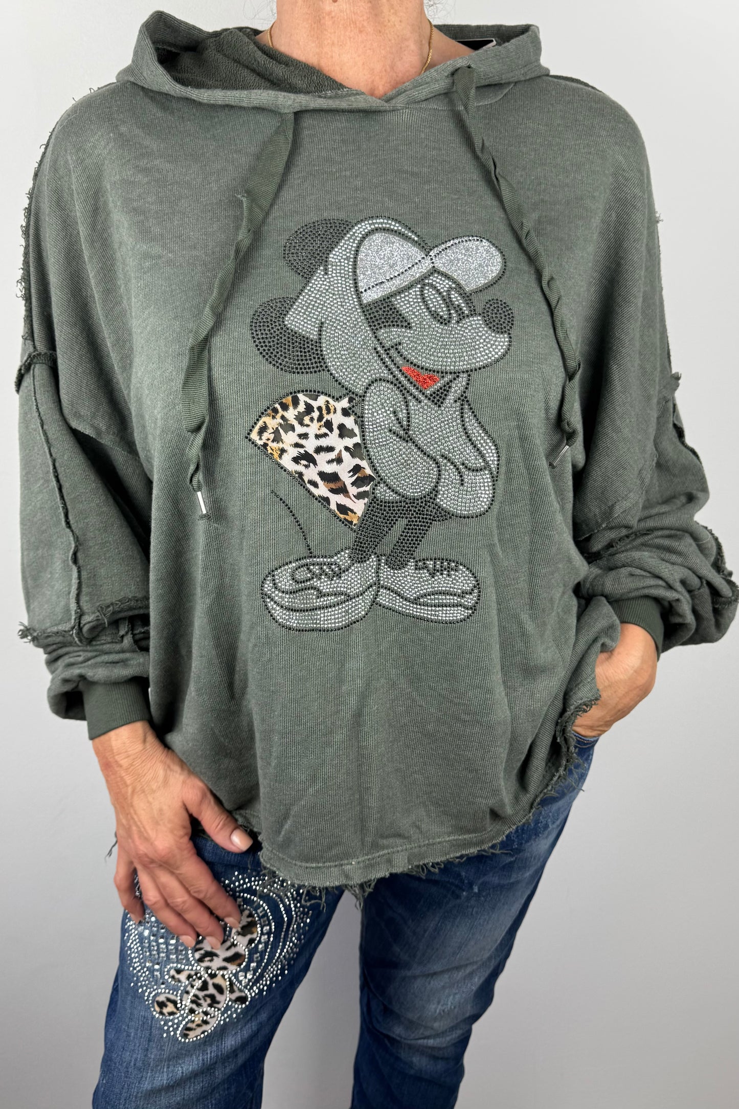 Damen Hoodie mit Glitzer-Motiv & Animal-Print-Detai