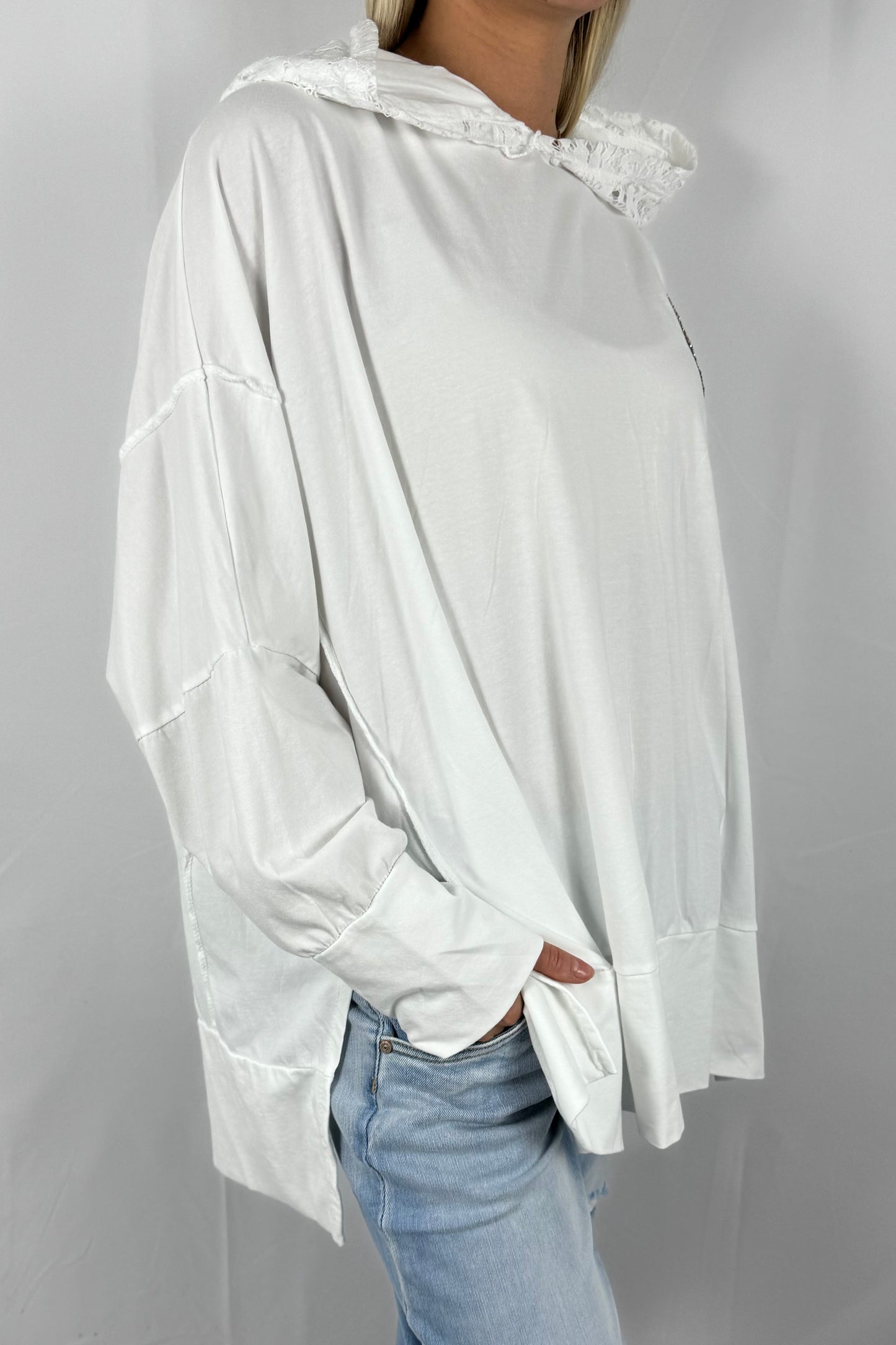 Damen Hoodie mit Strass Totenkopf-Weiß